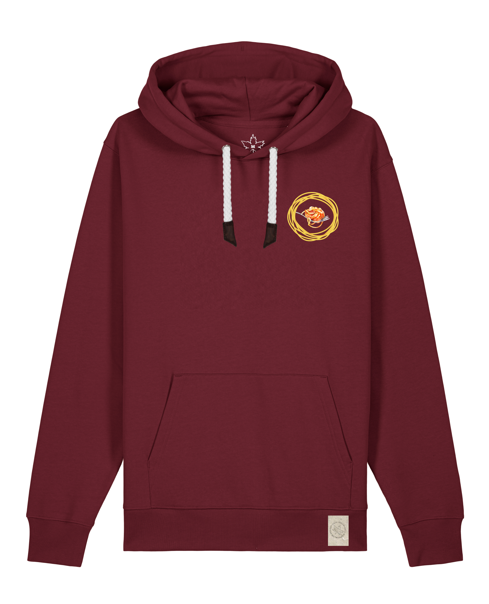 bio-unisex-medium fit-hoodie-spaghetti (backrpint)-stsu177-burgunder rot-weiße kordel-front