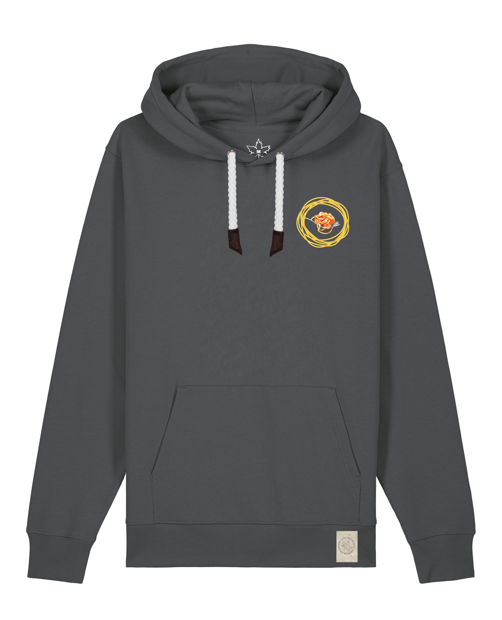 bio-unisex-medium fit-hoodie-spaghetti (backrpint)-stsu177-eisen-weiße kordel-front