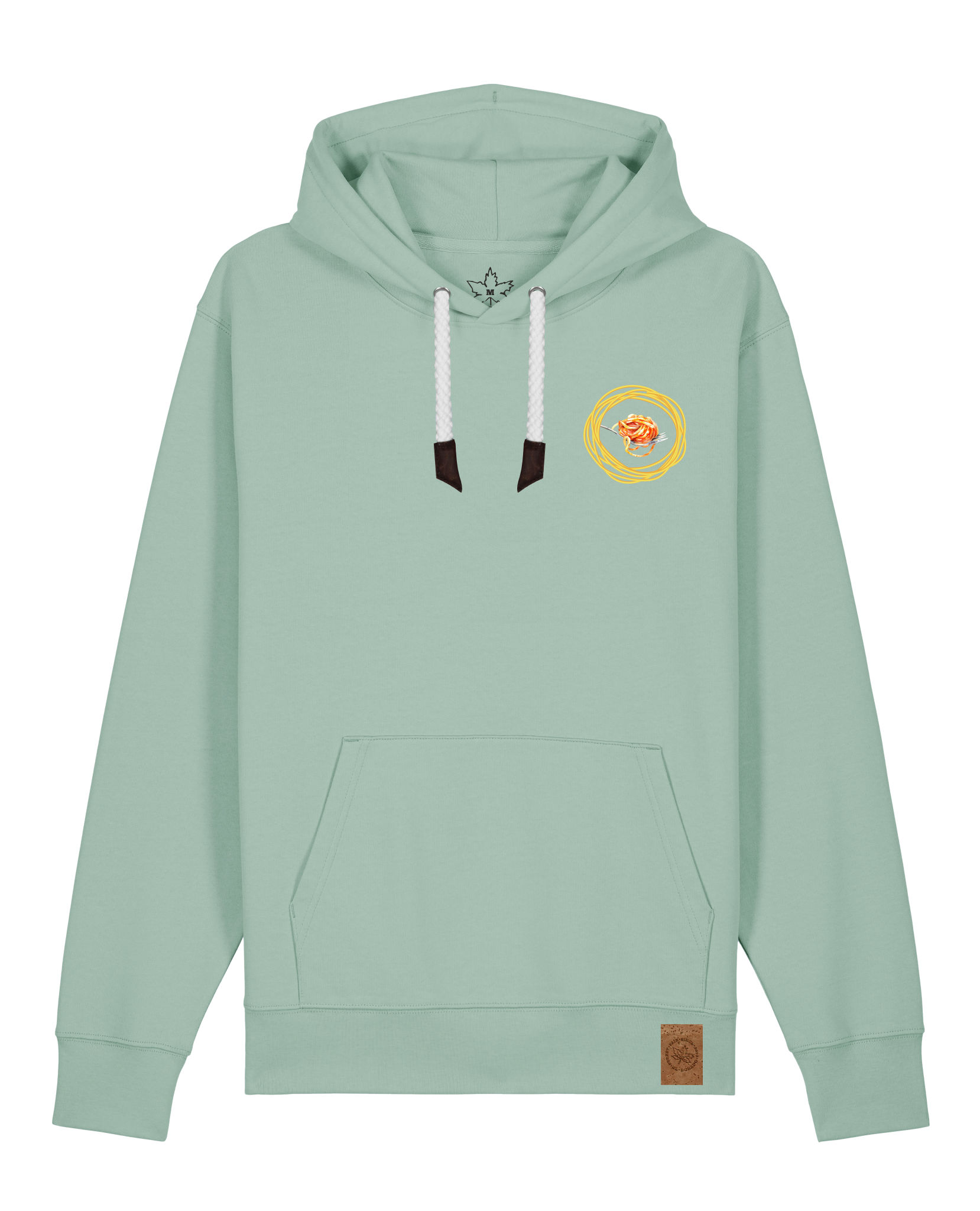 bio-unisex-medium fit-hoodie-spaghetti (backrpint)-stsu177-eukalyptus-weiße kordel-front