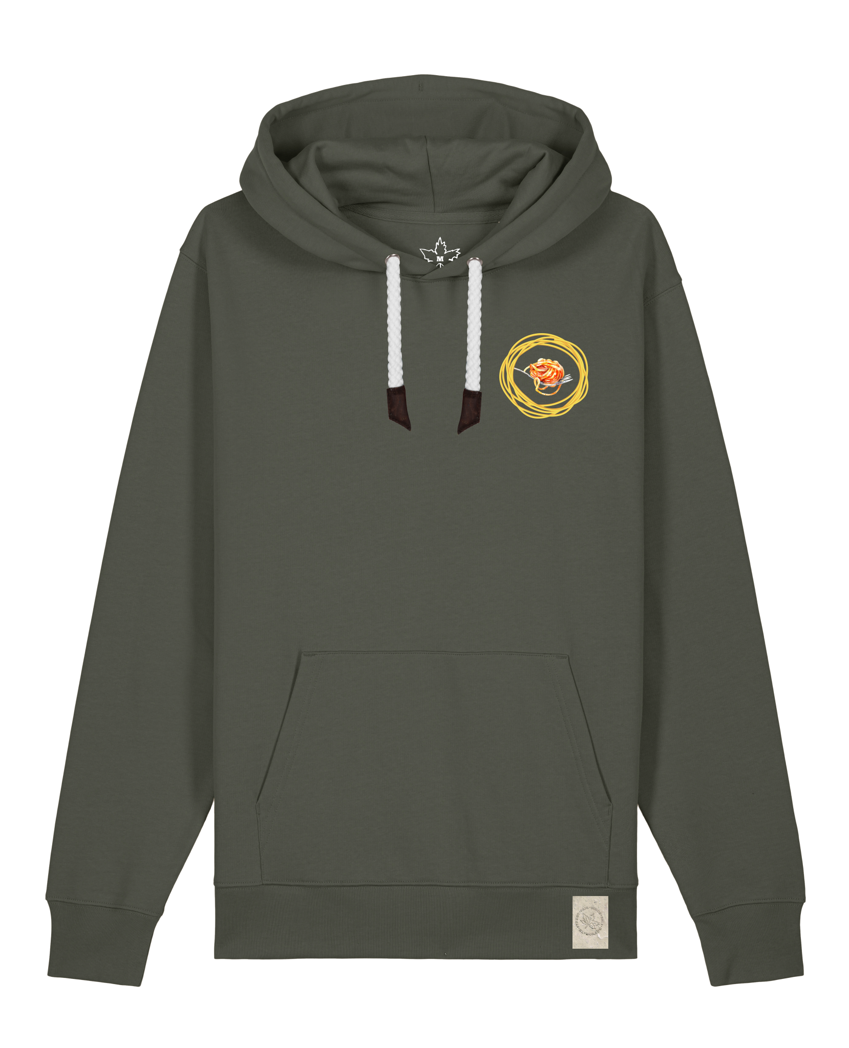 bio-unisex-medium fit-hoodie-spaghetti (backrpint)-stsu177-grunkohl-weiße kordel-front