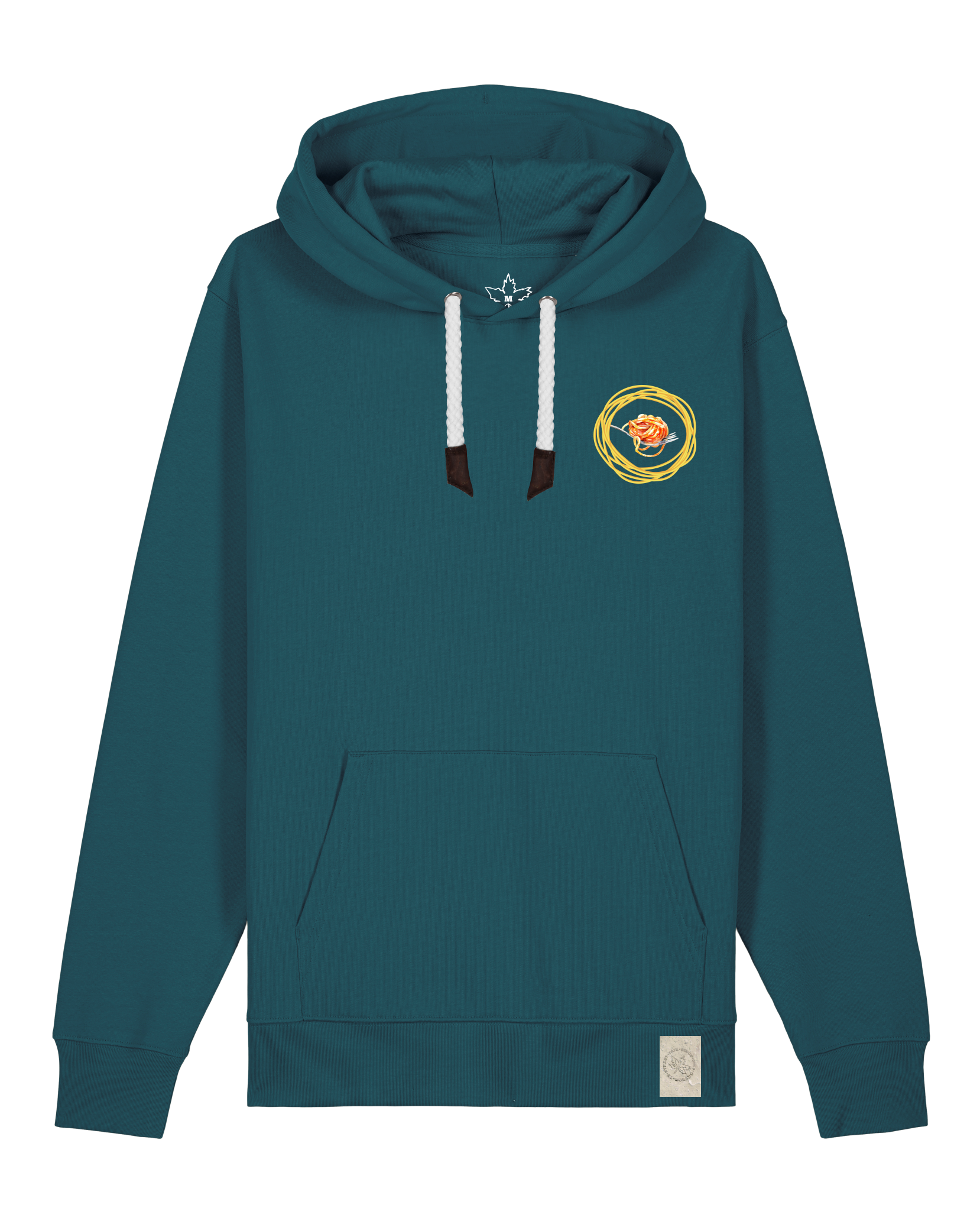 bio-unisex-medium fit-hoodie-spaghetti (backrpint)-stsu177-nordmanntanne-weiße kordel-front