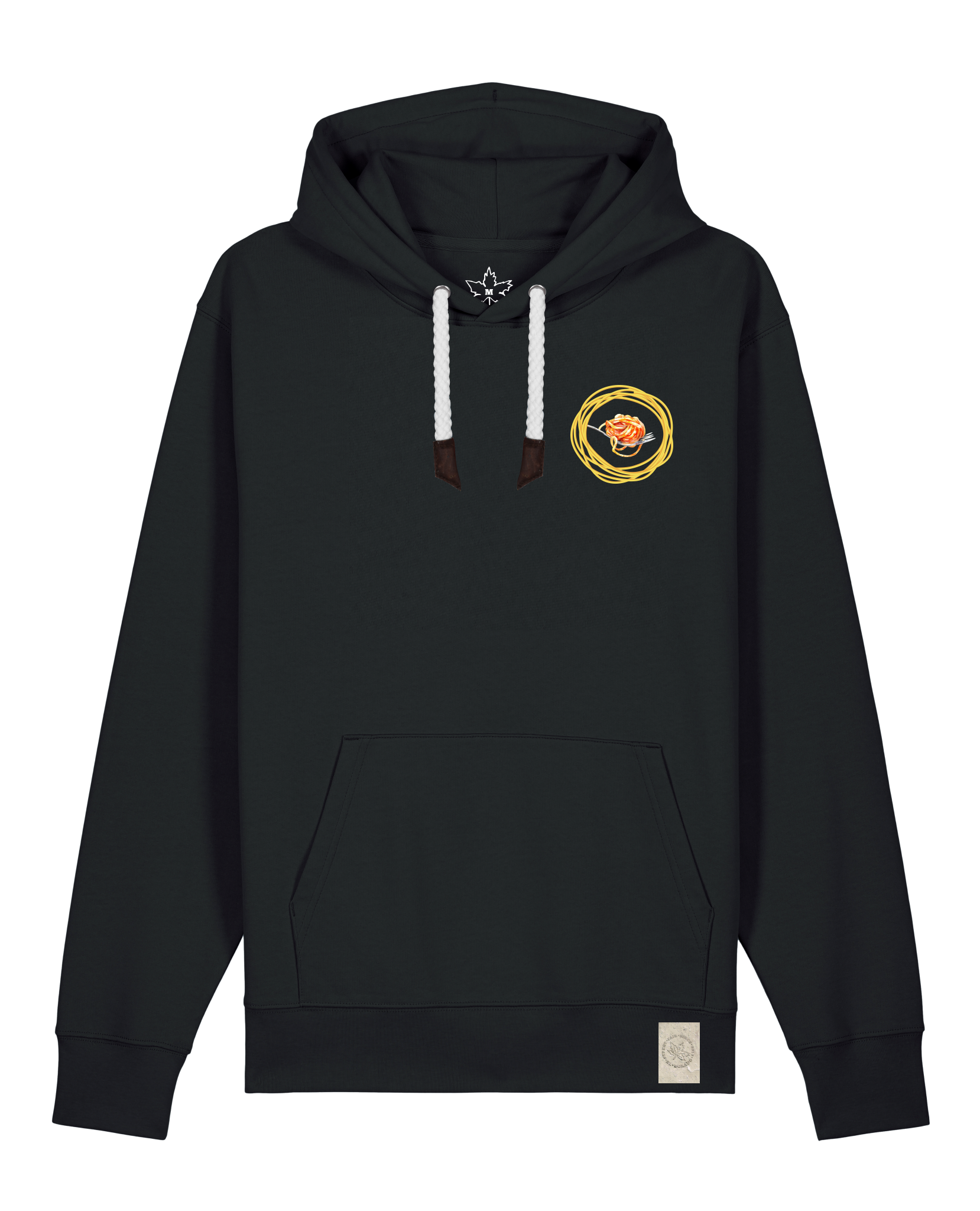 bio-unisex-medium fit-hoodie-spaghetti (backrpint)-stsu177-schwarz-weiße kordel-front