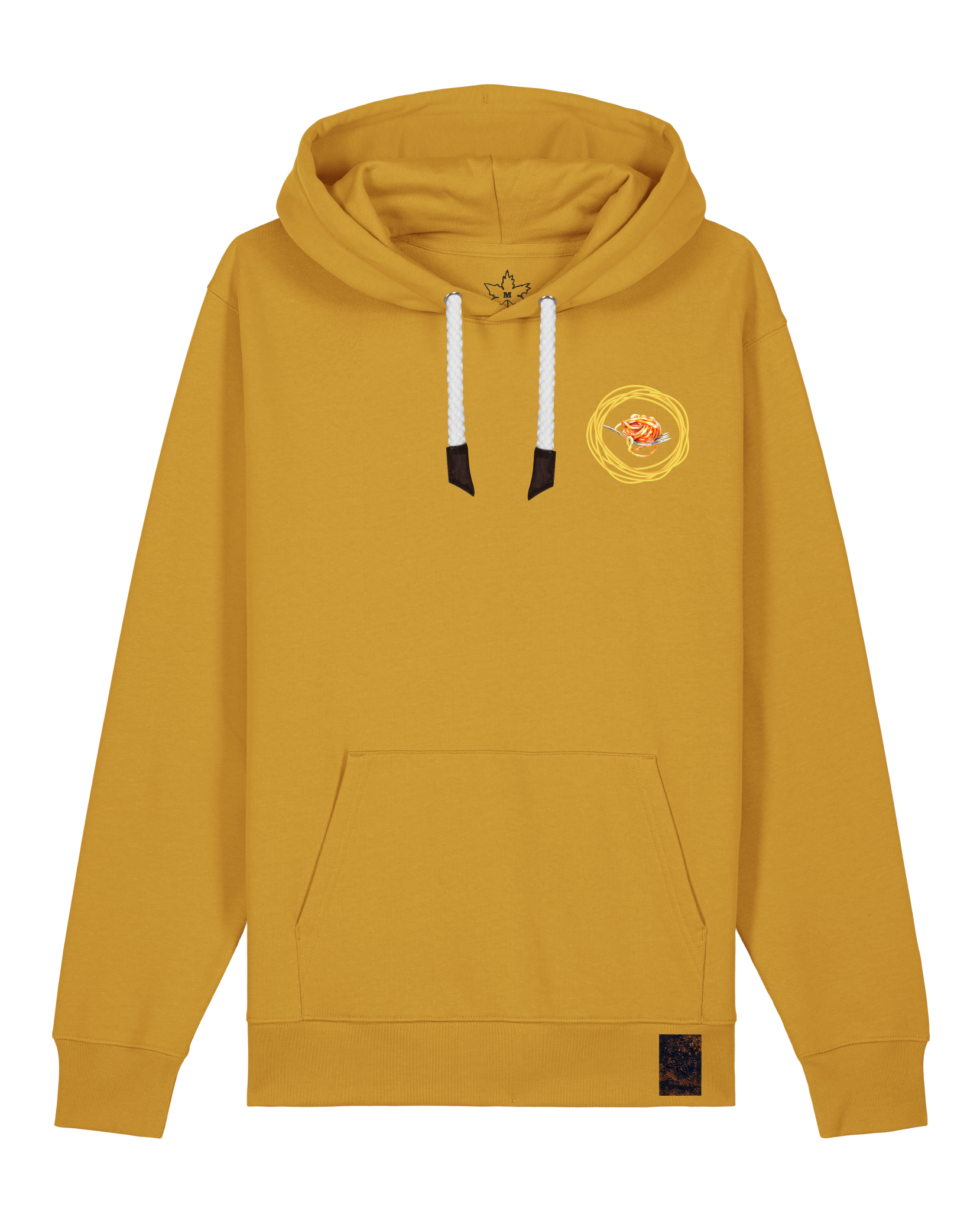 bio-unisex-medium fit-hoodie-spaghetti (backrpint)-stsu177-senf-weiße kordel-front