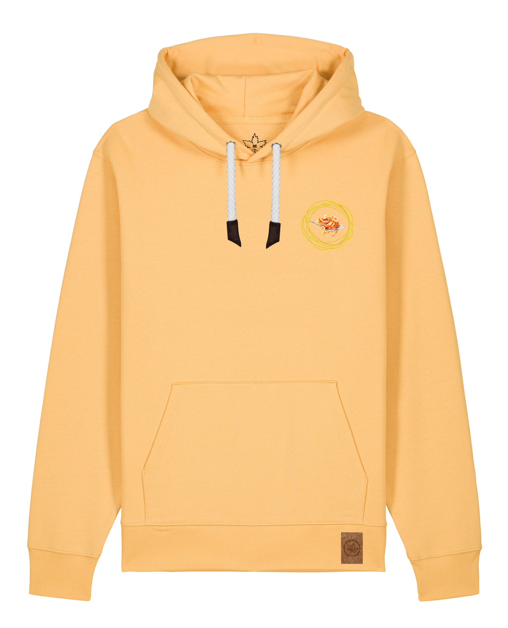 bio-unisex-medium fit-hoodie-spaghetti (backrpint)-stsu177-senfkorn-weiße kordel-front