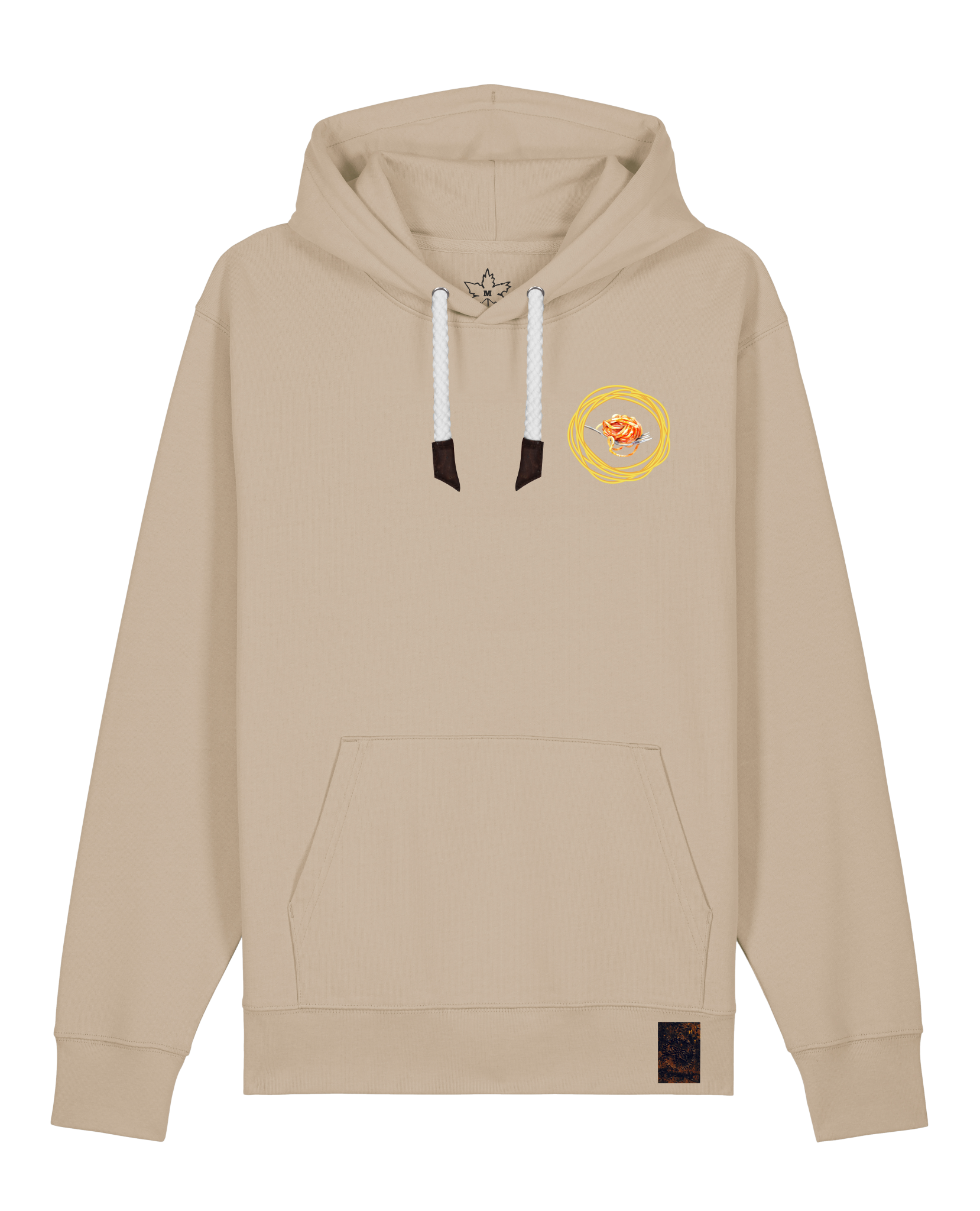 bio-unisex-medium fit-hoodie-spaghetti (backrpint)-stsu177-treibsand-weiße kordel-front