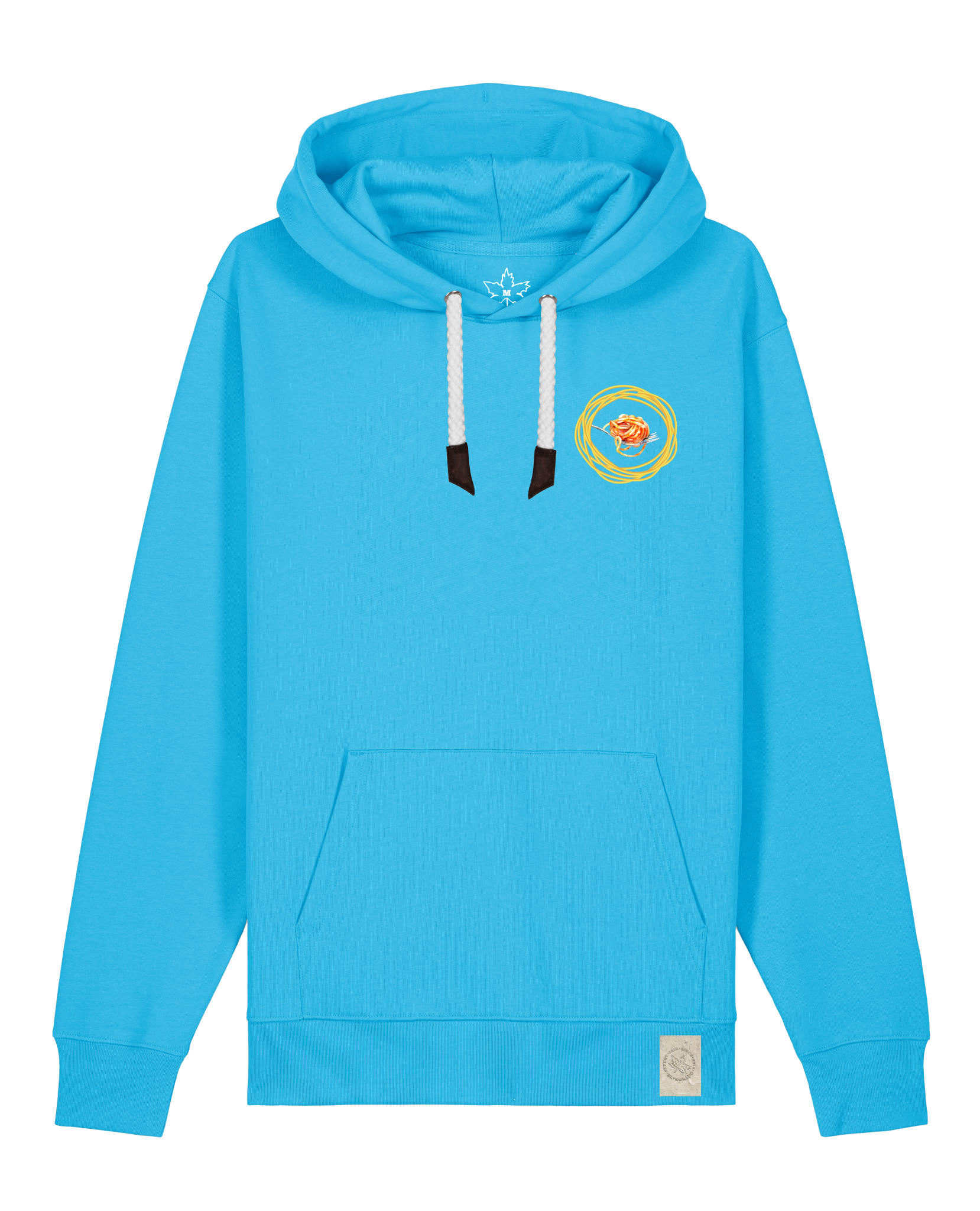 bio-unisex-medium fit-hoodie-spaghetti (backrpint)-stsu177-wasserblau-weiße kordel-front