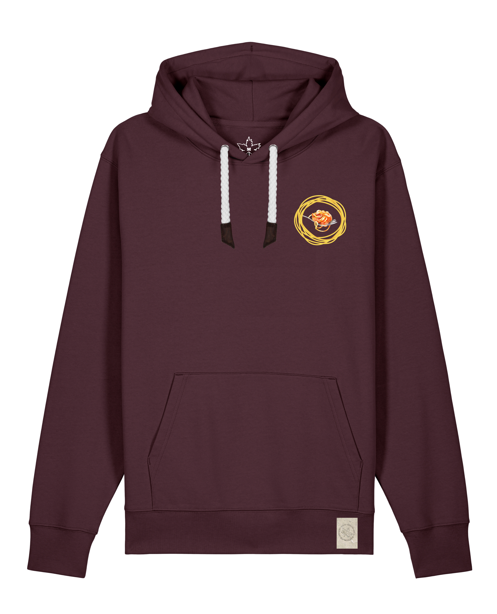 bio-unisex-medium fit-hoodie-spaghetti (backrpint)-stsu177-zartbitter-weiße kordel-front