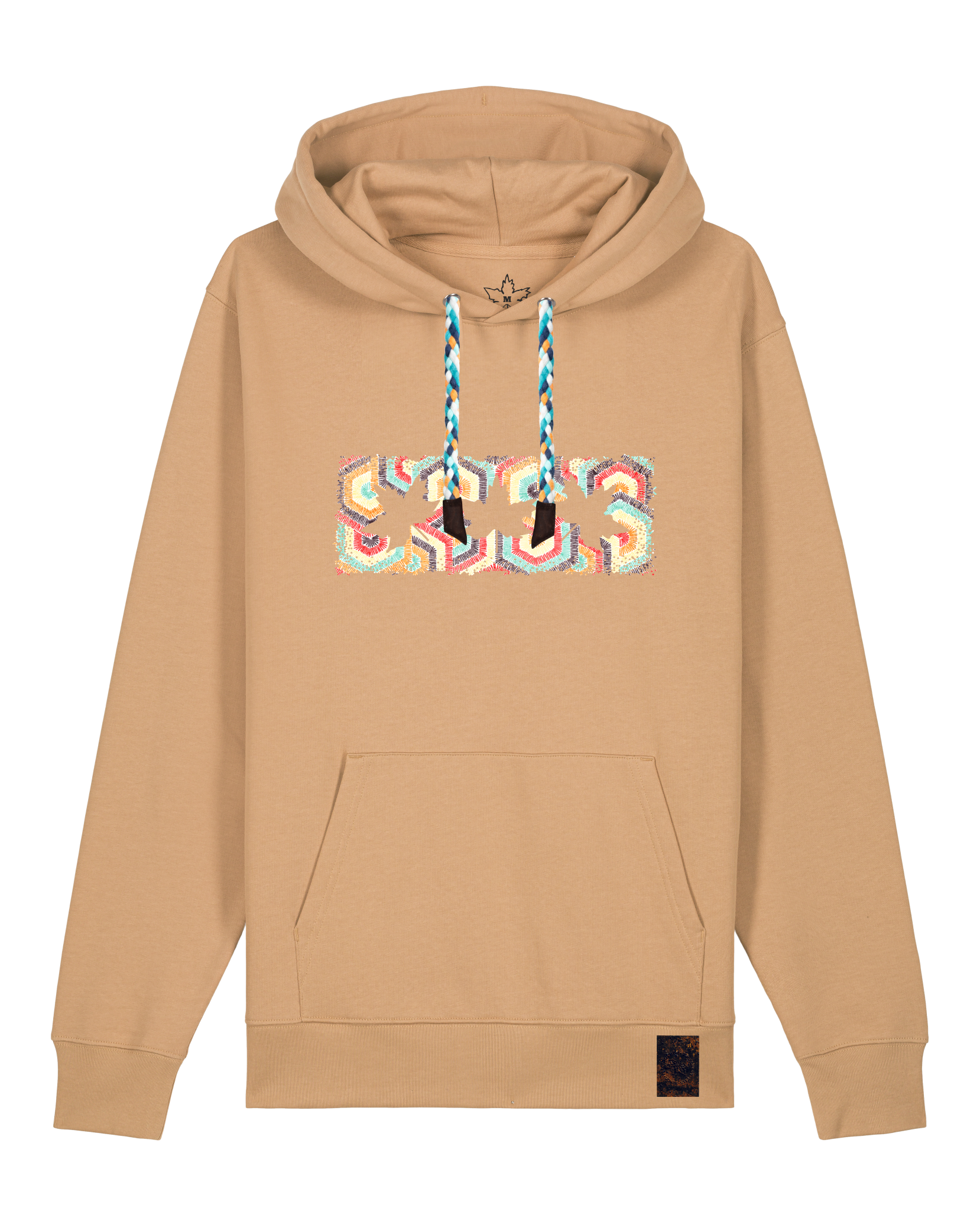 bio-unisex-medium fit-hoodie-t(h)ree leafes drift 3-stsu177-meersand-blaue kordel-front