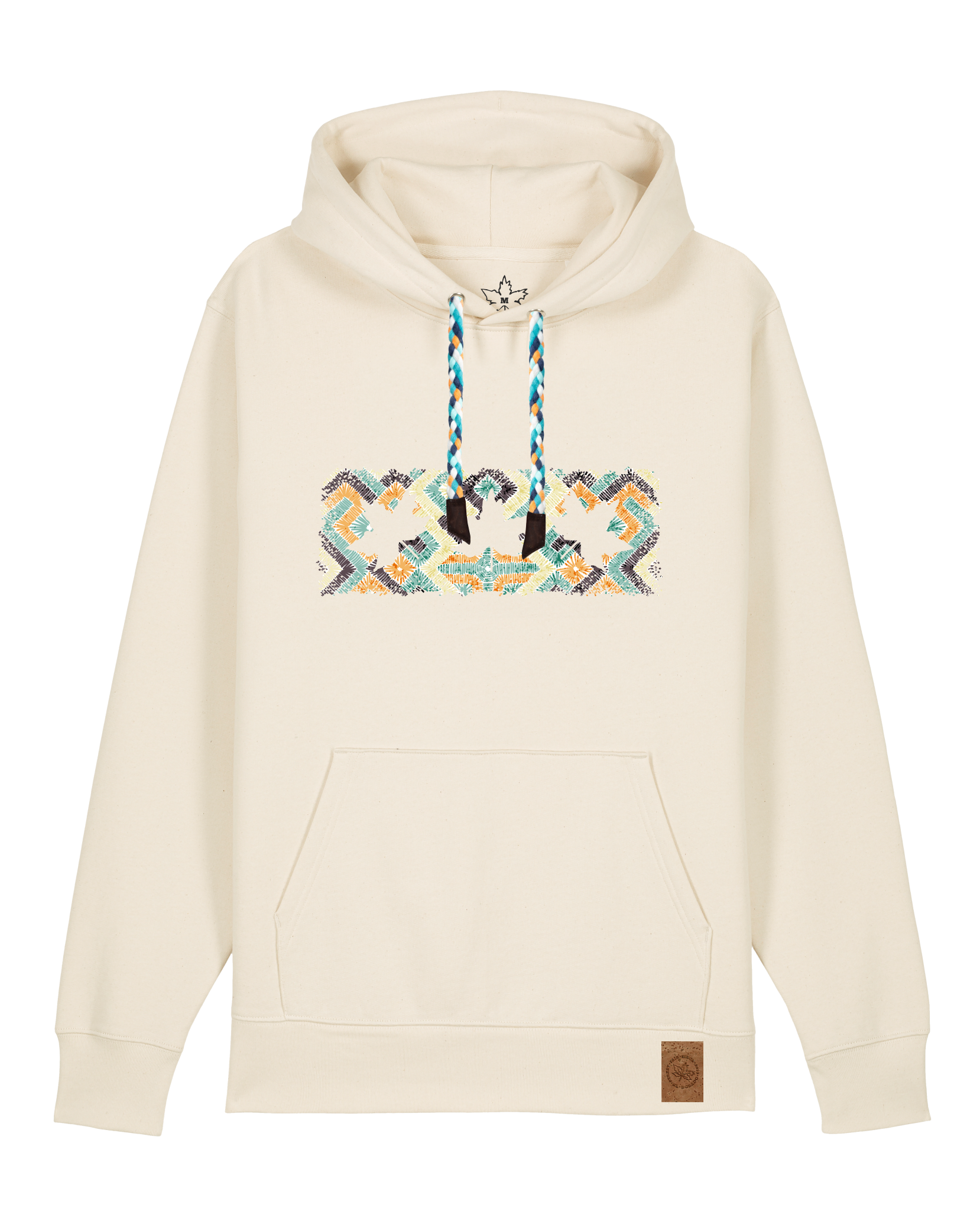 bio-unisex-medium fit-hoodie-t(h)ree leafes drift 5-stsu177-natur-blaue kordel-front