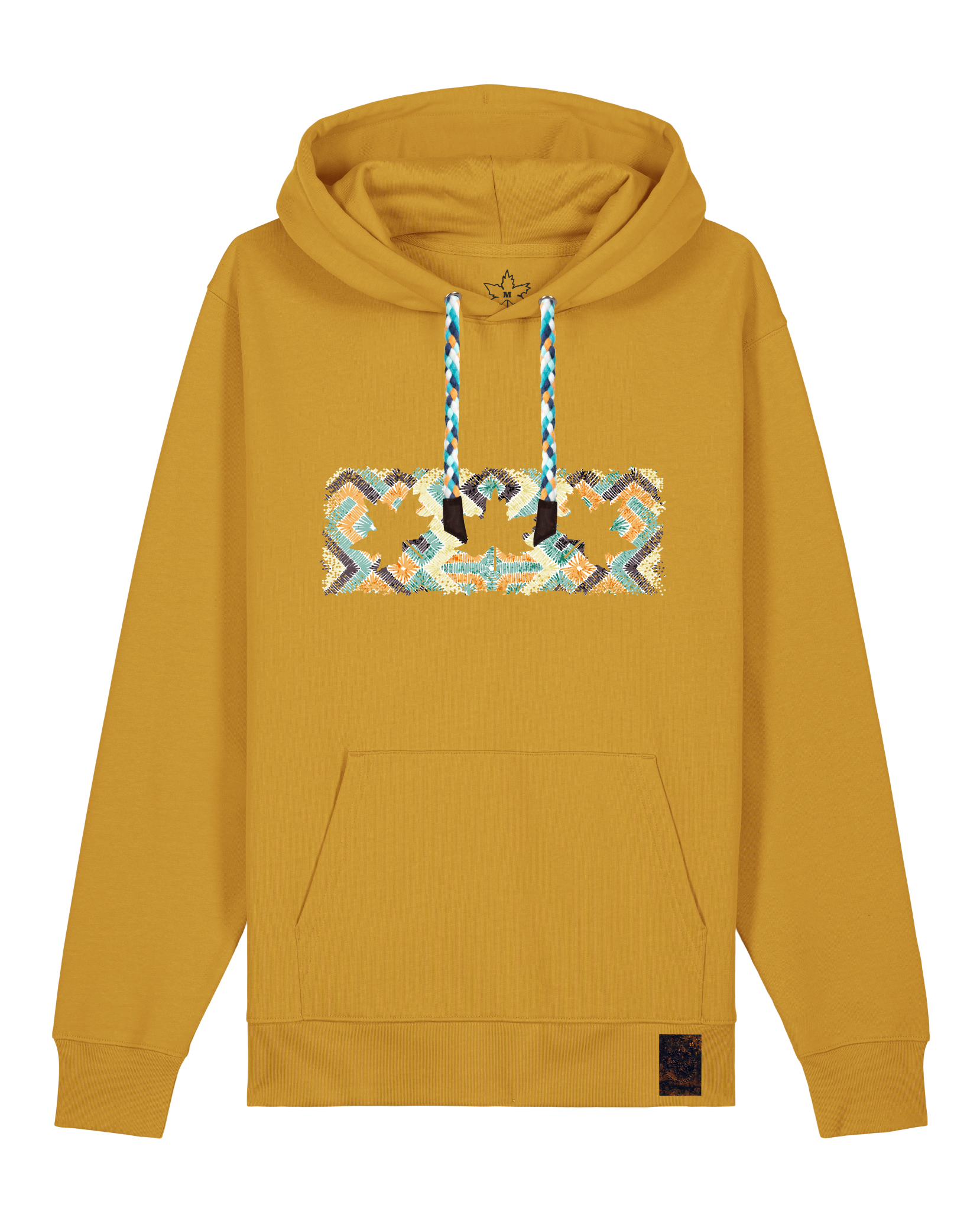 bio-unisex-medium fit-hoodie-t(h)ree leafes drift 5-stsu177-senf-blaue kordel-front