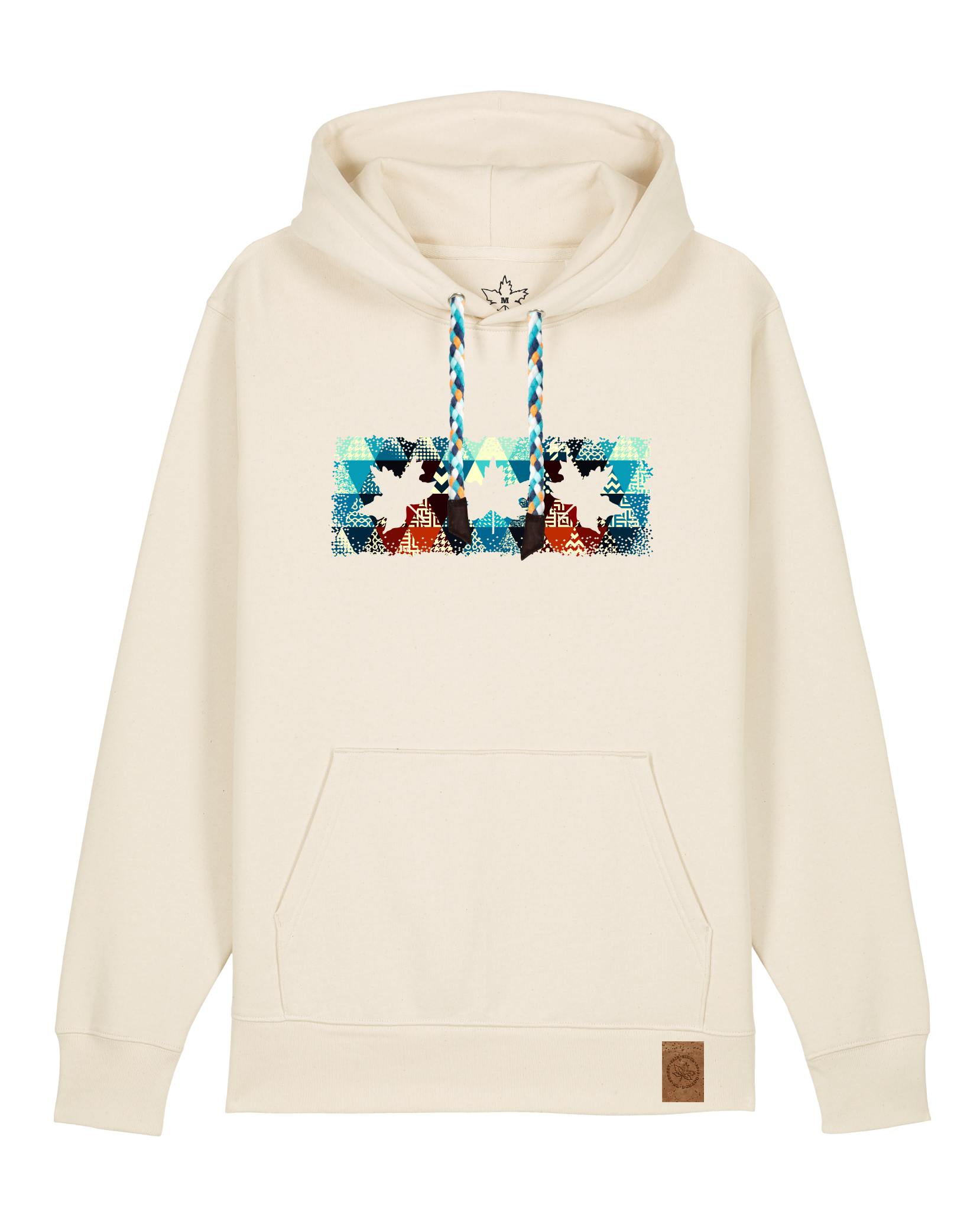 bio-unisex-medium fit-hoodie-t(h)ree leafes drift 7-stsu177-natur-blaue kordel-front