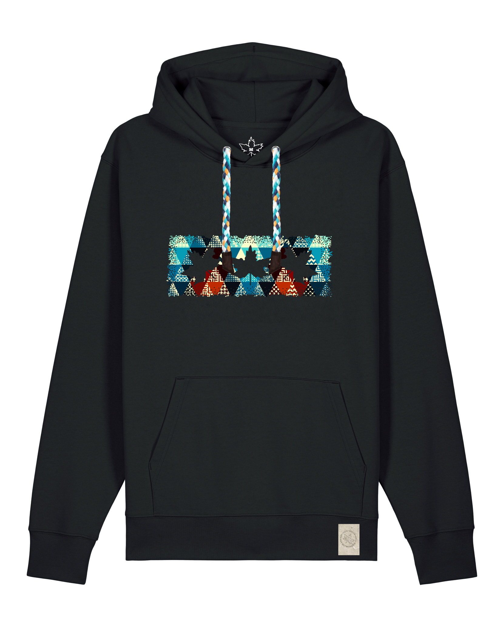 bio-unisex-medium fit-hoodie-t(h)ree leafes drift 7-stsu177-schwarz-blaue kordel-front