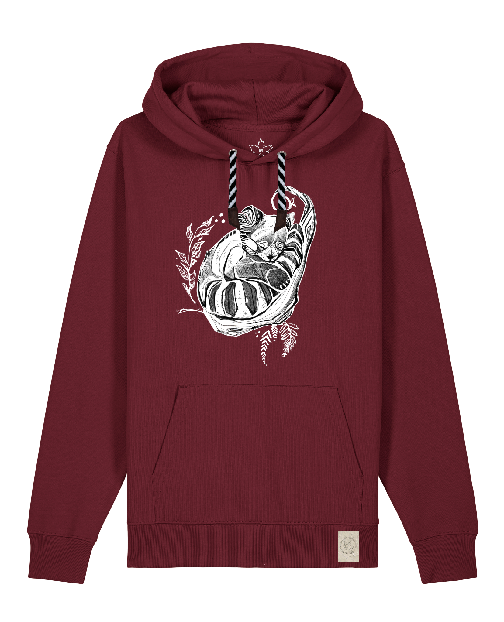 bio-unisex-medium fit-hoodie-waschbärchen-stsu177-burgunder rot-sw kordel-front