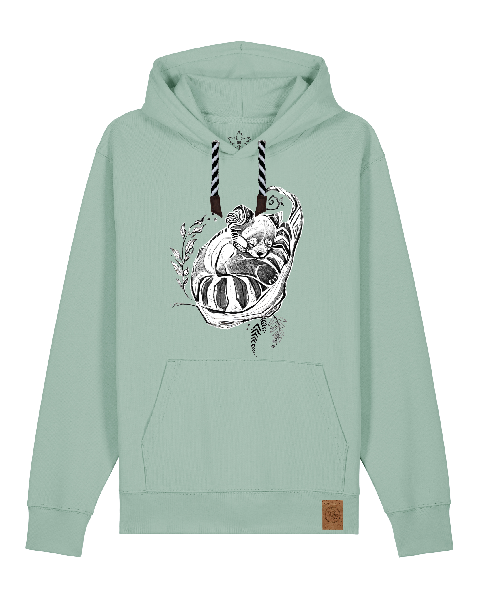 bio-unisex-medium fit-hoodie-waschbärchen-stsu177-eukalyptus-sw kordel-front
