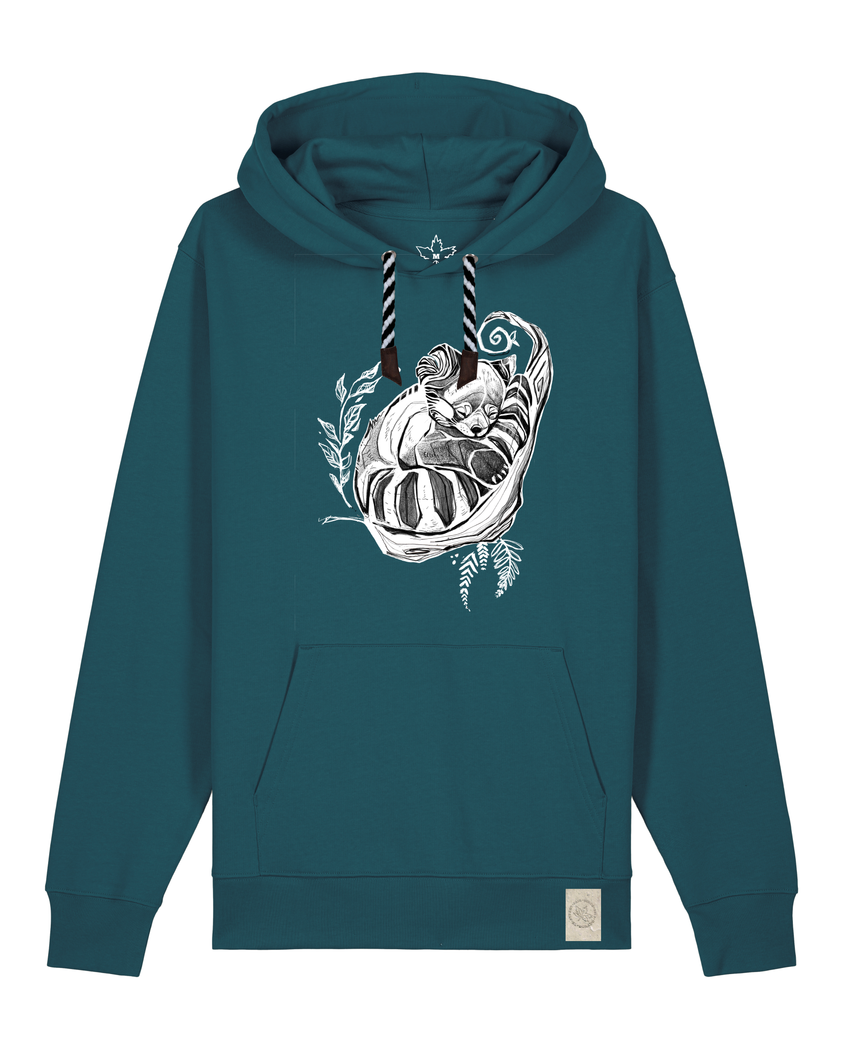 bio-unisex-medium fit-hoodie-waschbärchen-stsu177-nordmanntanne-sw kordel-front