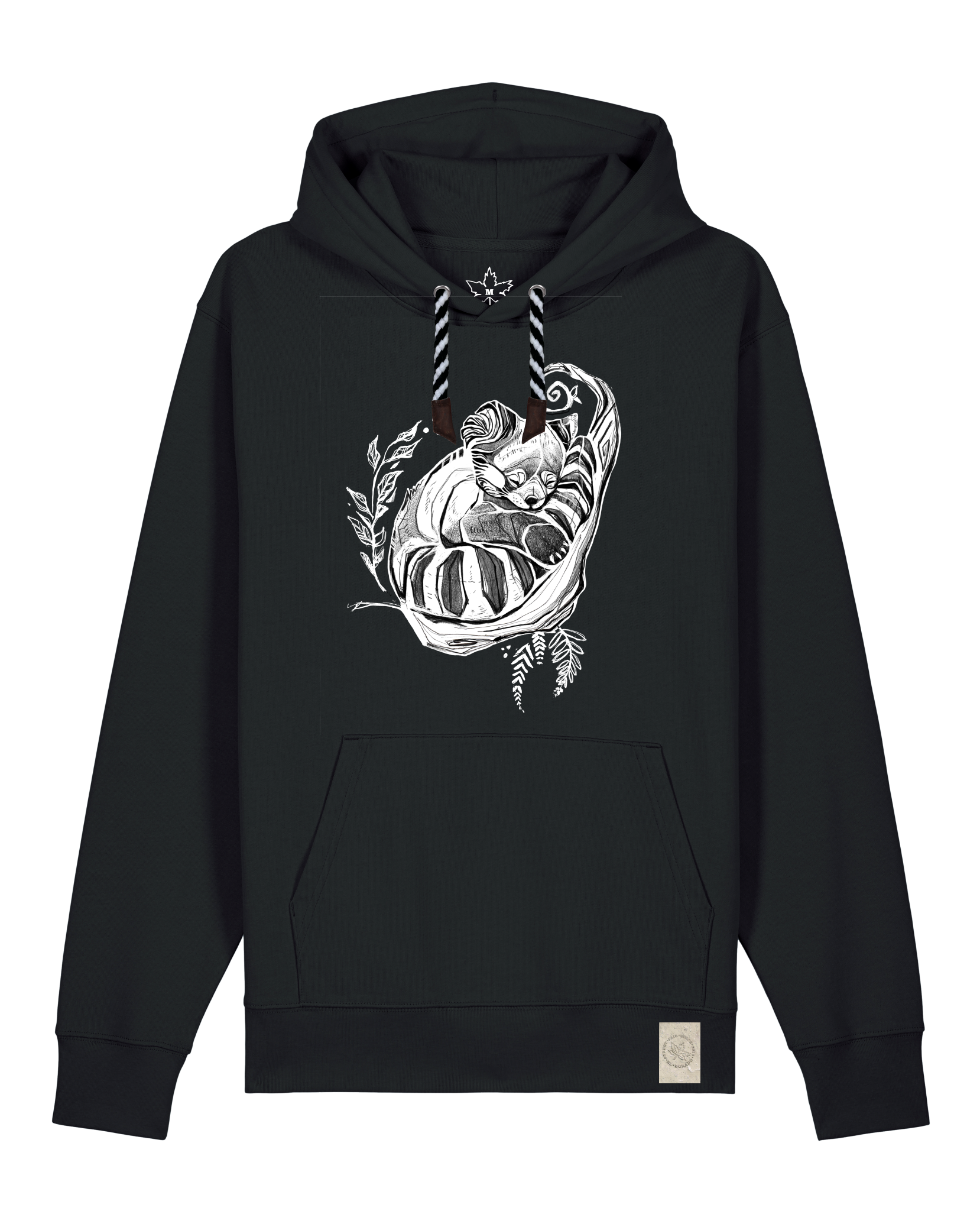 bio-unisex-medium fit-hoodie-waschbärchen-stsu177-schwarz-sw kordel-front