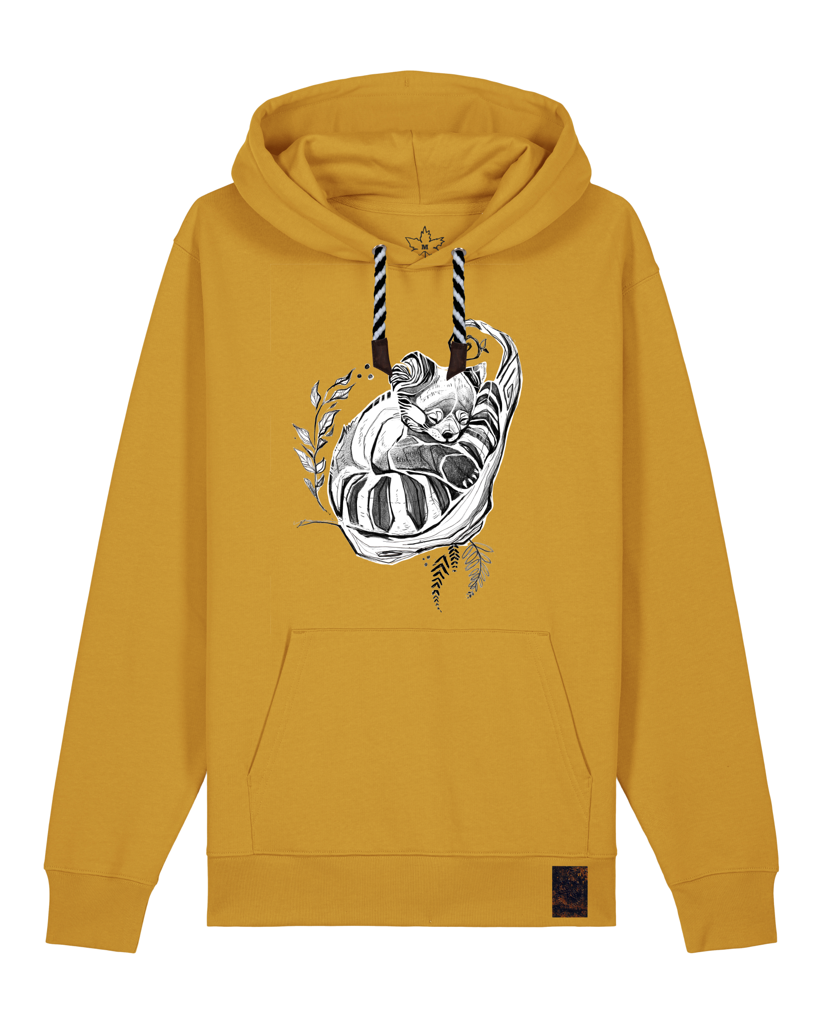 bio-unisex-medium fit-hoodie-waschbärchen-stsu177-senf-sw kordel-front