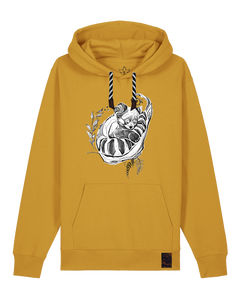 bio-unisex-medium fit-hoodie-waschbärchen-stsu177-senf-sw kordel-front