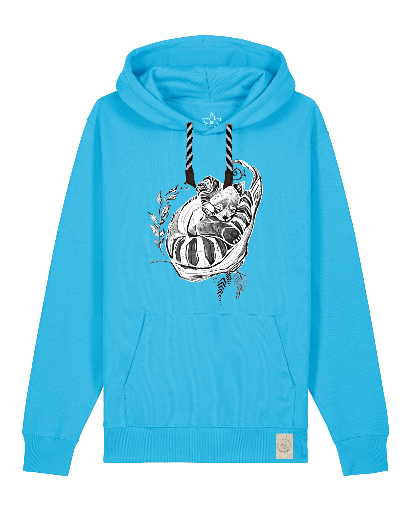 bio-unisex-medium fit-hoodie-waschbärchen-stsu177-wasserblau-sw kordel-front