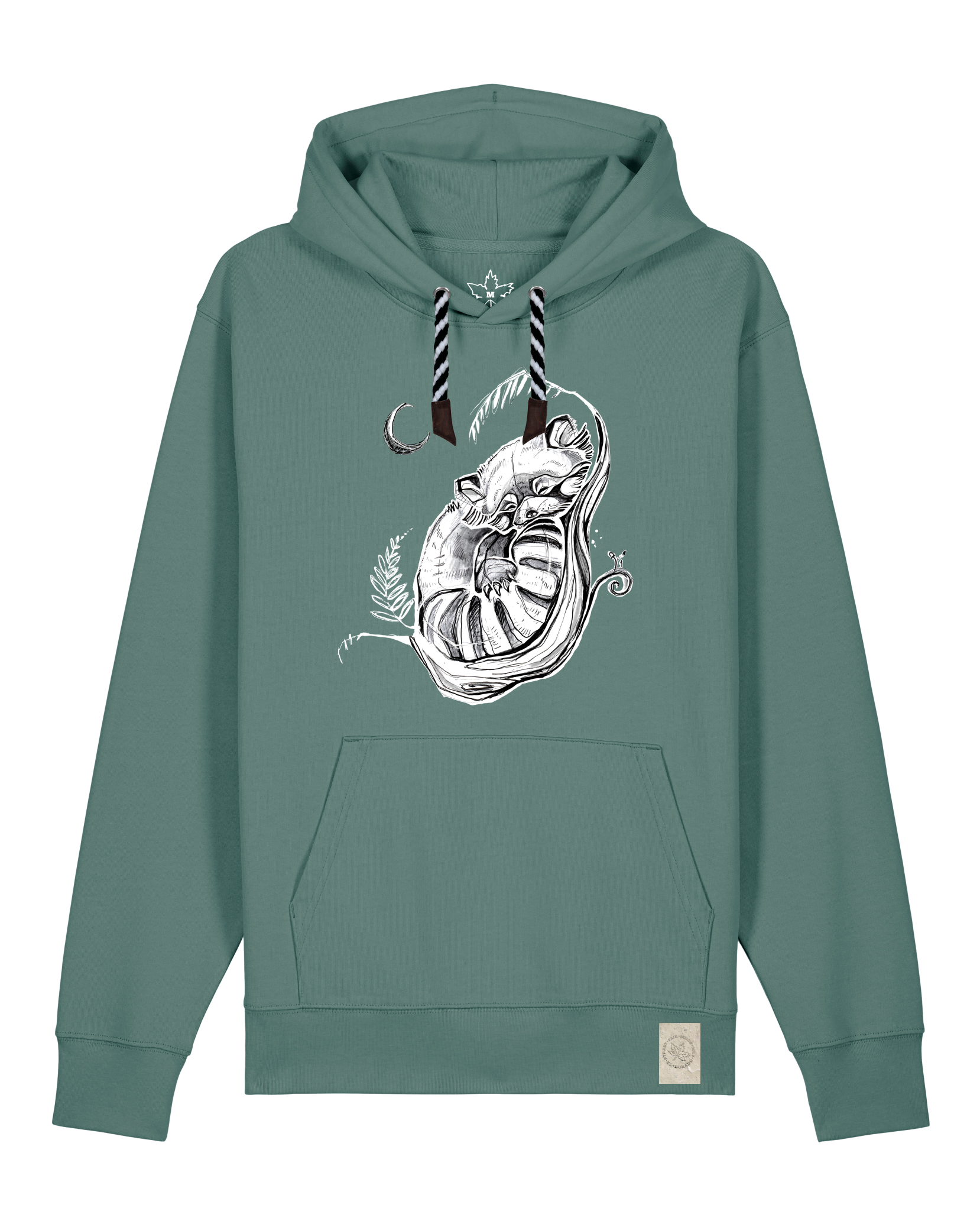bio-unisex-medium fit-hoodie-waschbärchen 2-stsu177-blautanne-sw kordel-front