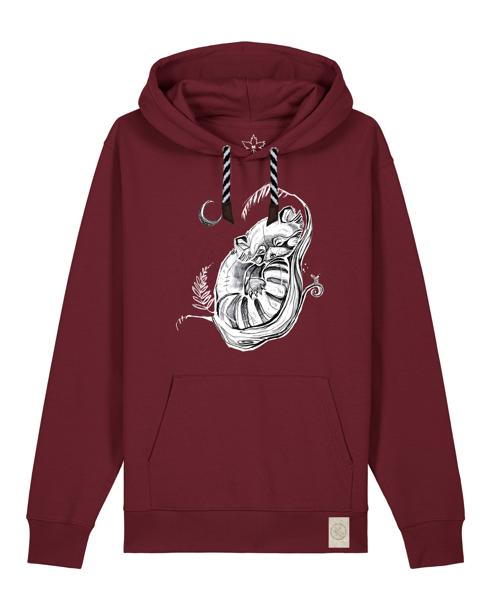 bio-unisex-medium fit-hoodie-waschbärchen 2-stsu177-burgunder rot-sw kordel-front
