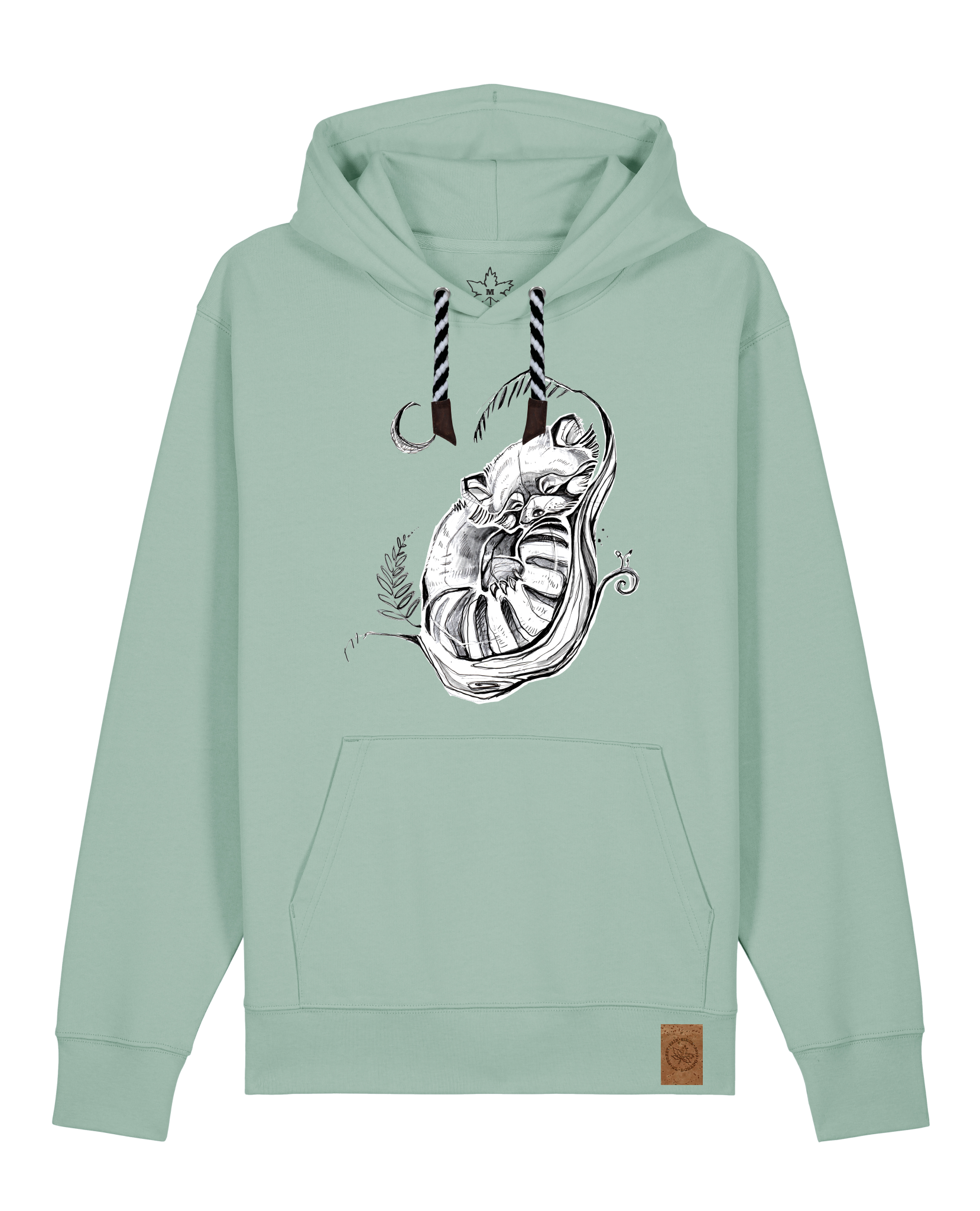 bio-unisex-medium fit-hoodie-waschbärchen 2-stsu177-eukalyptus-sw kordel-front