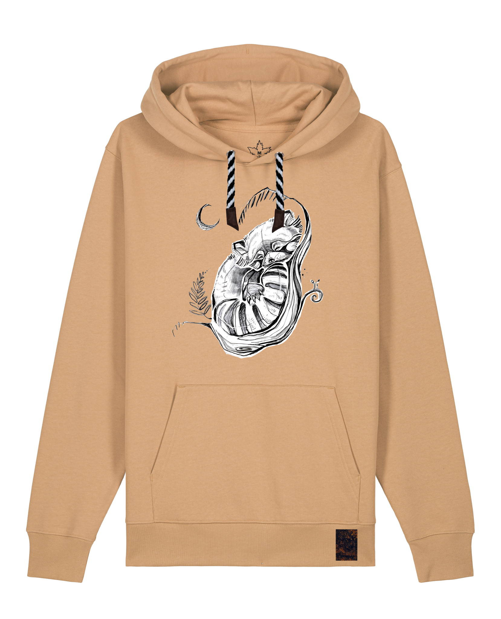 bio-unisex-medium fit-hoodie-waschbärchen 2-stsu177-meersand-sw kordel-front