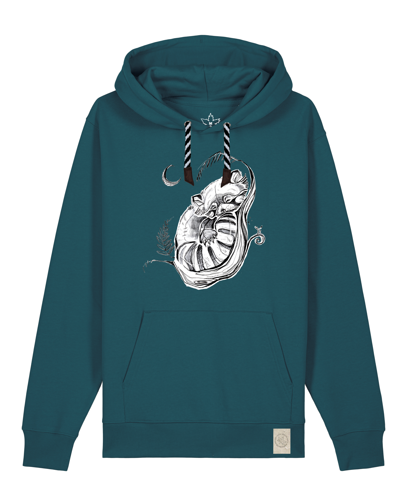 bio-unisex-medium fit-hoodie-waschbärchen 2-stsu177-nordmanntanne-sw kordel-front