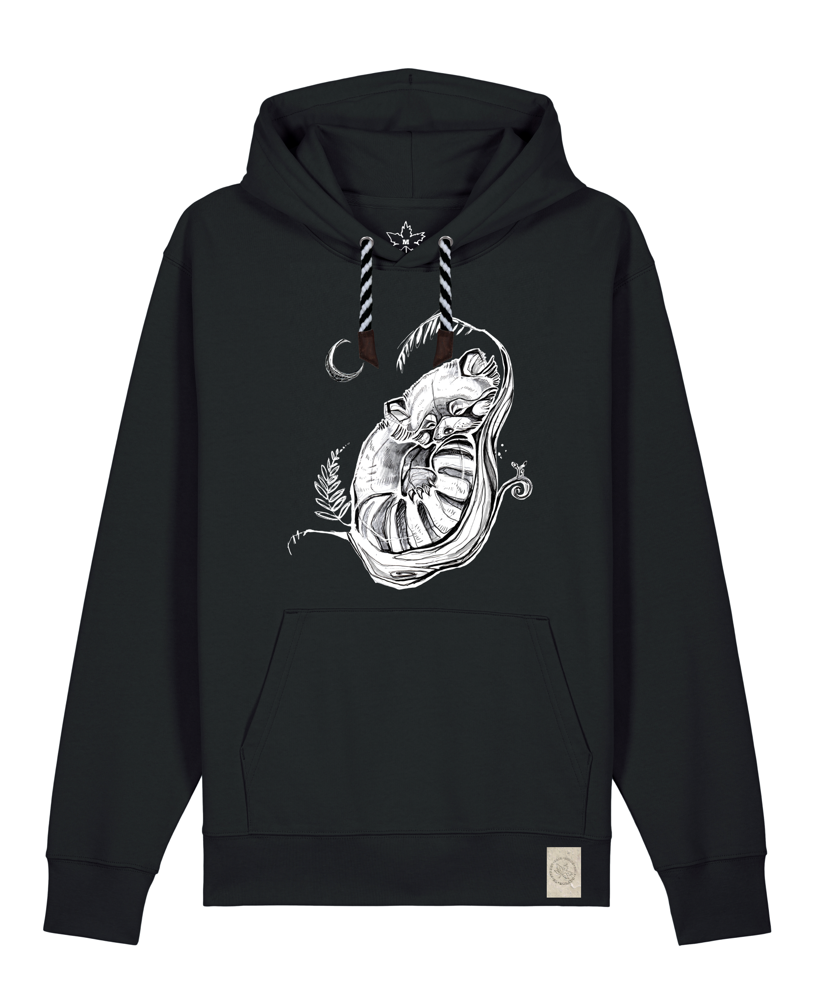 bio-unisex-medium fit-hoodie-waschbärchen 2-stsu177-schwarz-sw kordel-front