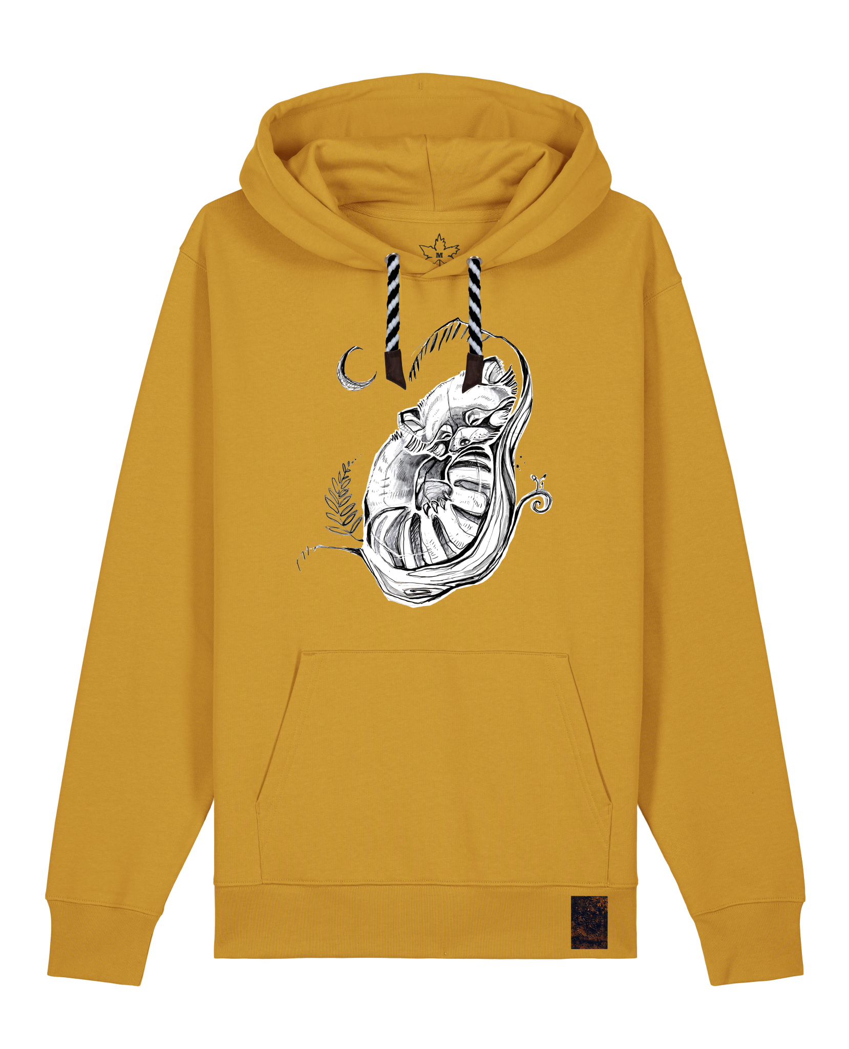 bio-unisex-medium fit-hoodie-waschbärchen 2-stsu177-senf-sw kordel-front