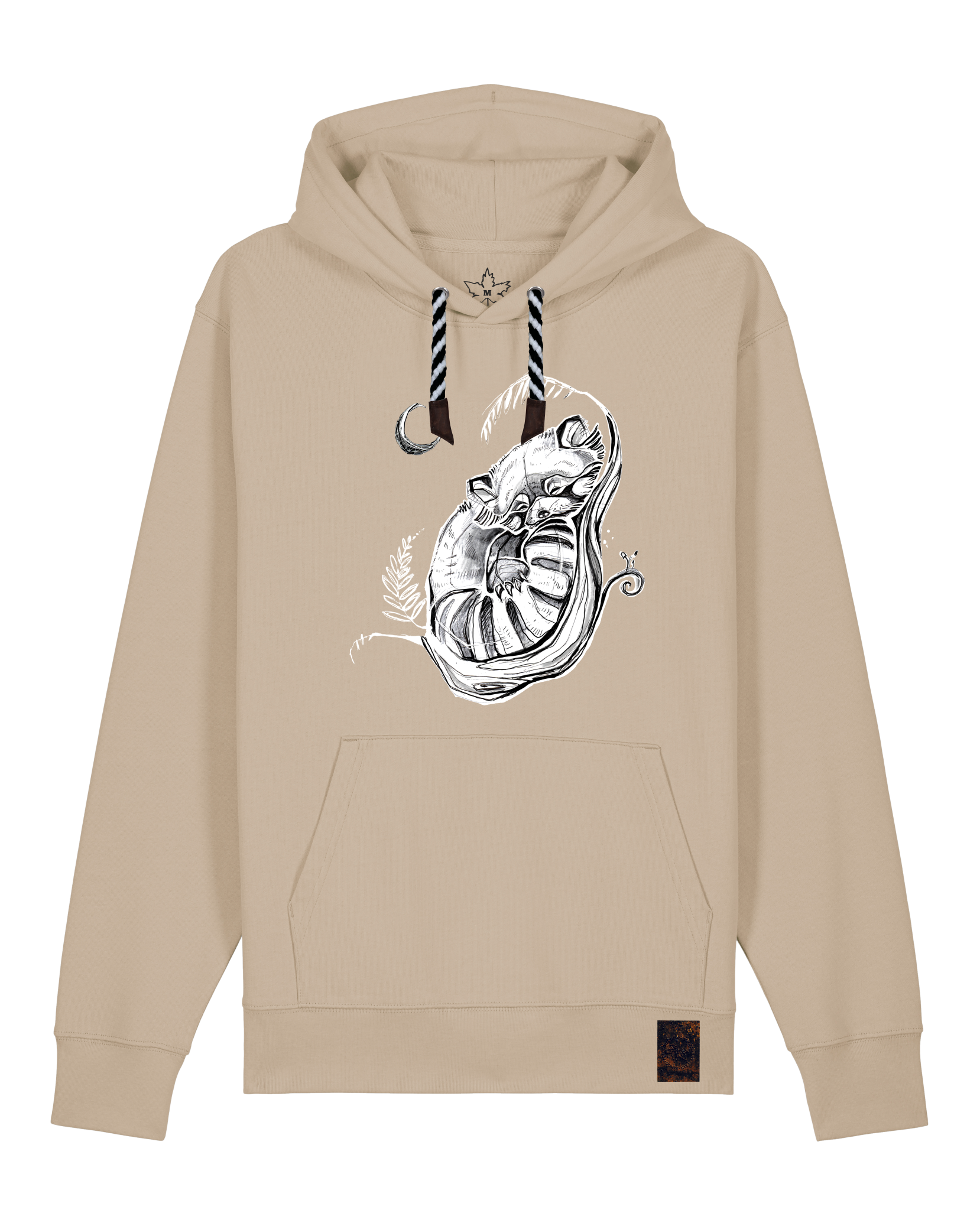 bio-unisex-medium fit-hoodie-waschbärchen 2-stsu177-treibsand-sw kordel-front