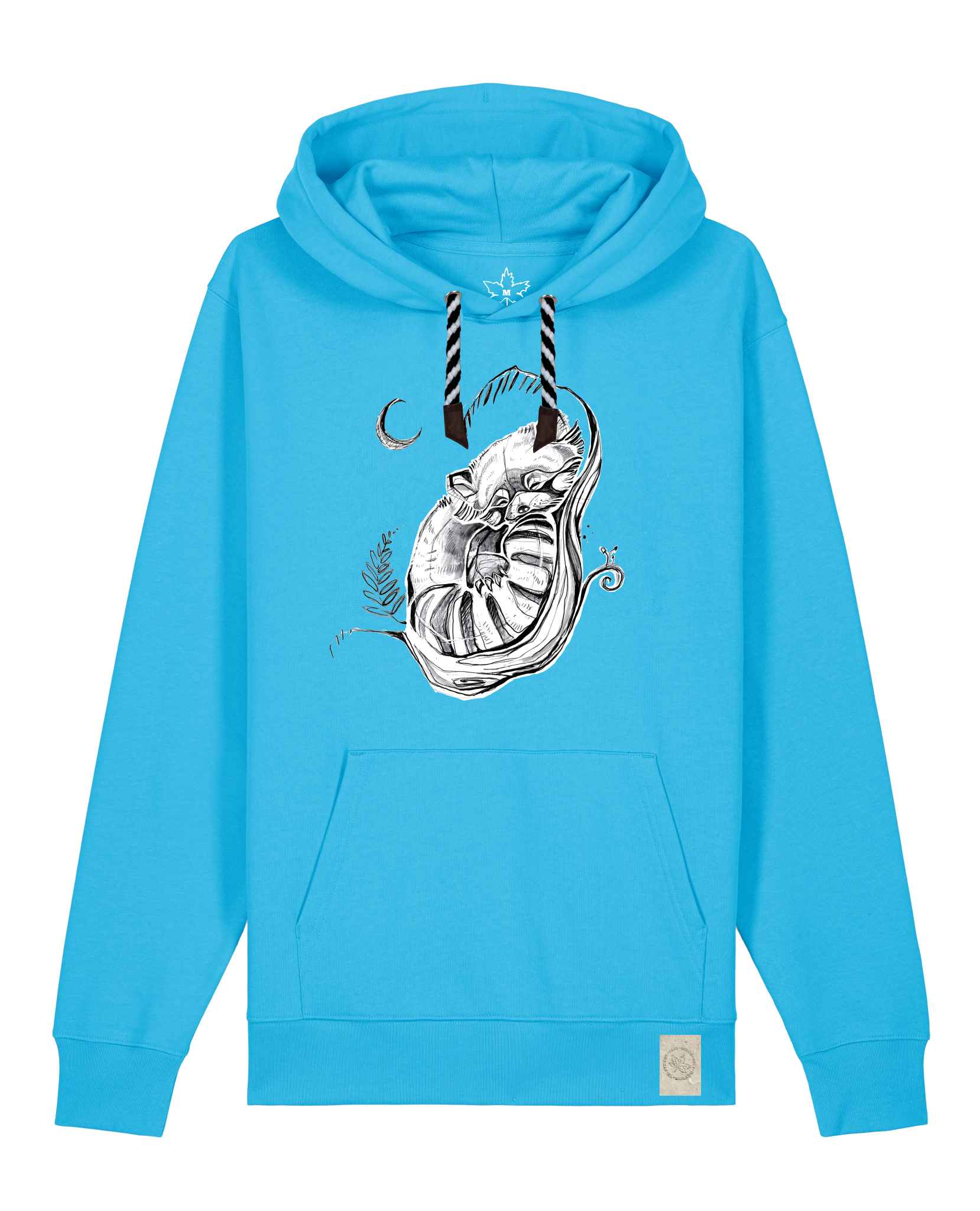 bio-unisex-medium fit-hoodie-waschbärchen 2-stsu177-wasserblau-sw kordel-front