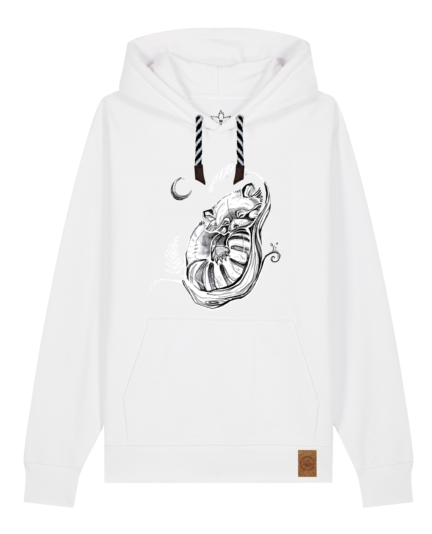 bio-unisex-medium fit-hoodie-waschbärchen 2-stsu177-weiß-sw kordel-front