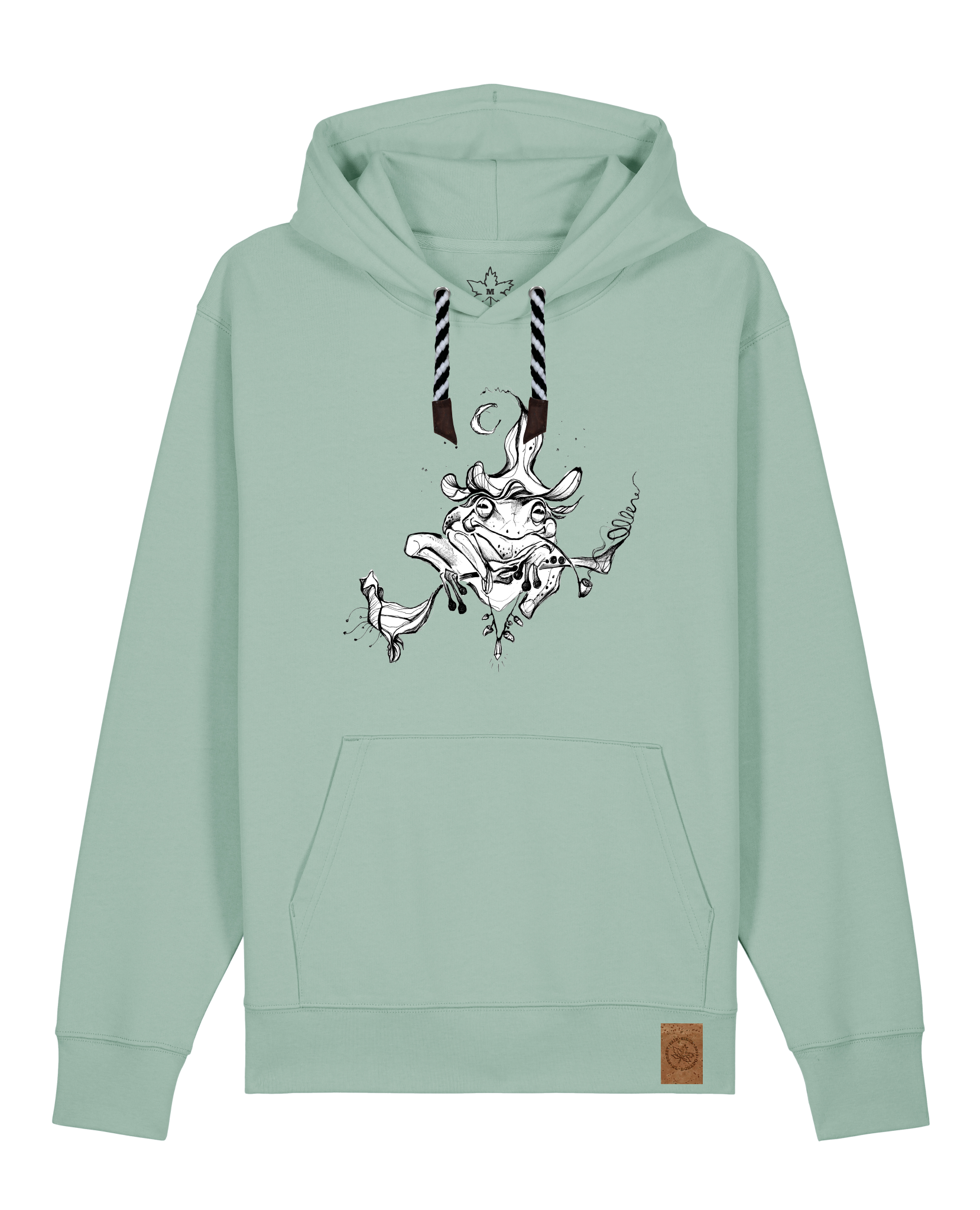 bio-unisex-medium fit-hoodie-zauberfrosch-stsu177-eukalyptus-sw kordel-front