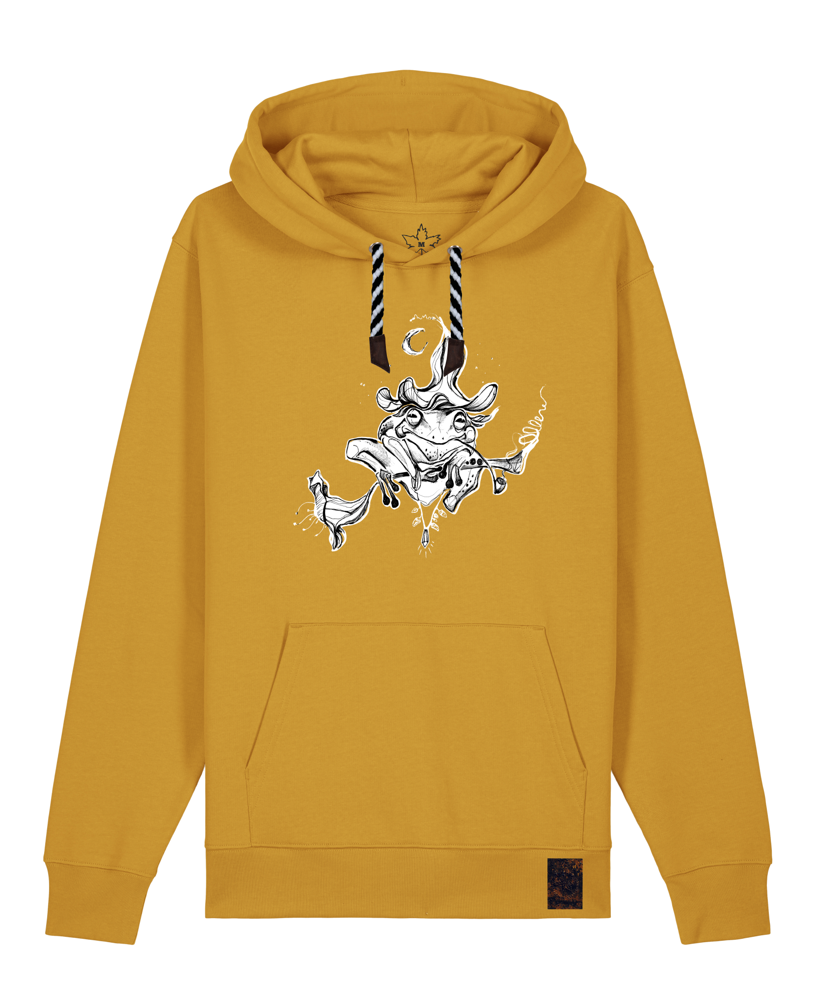 bio-unisex-medium fit-hoodie-zauberfrosch-stsu177-senf-sw kordel-front