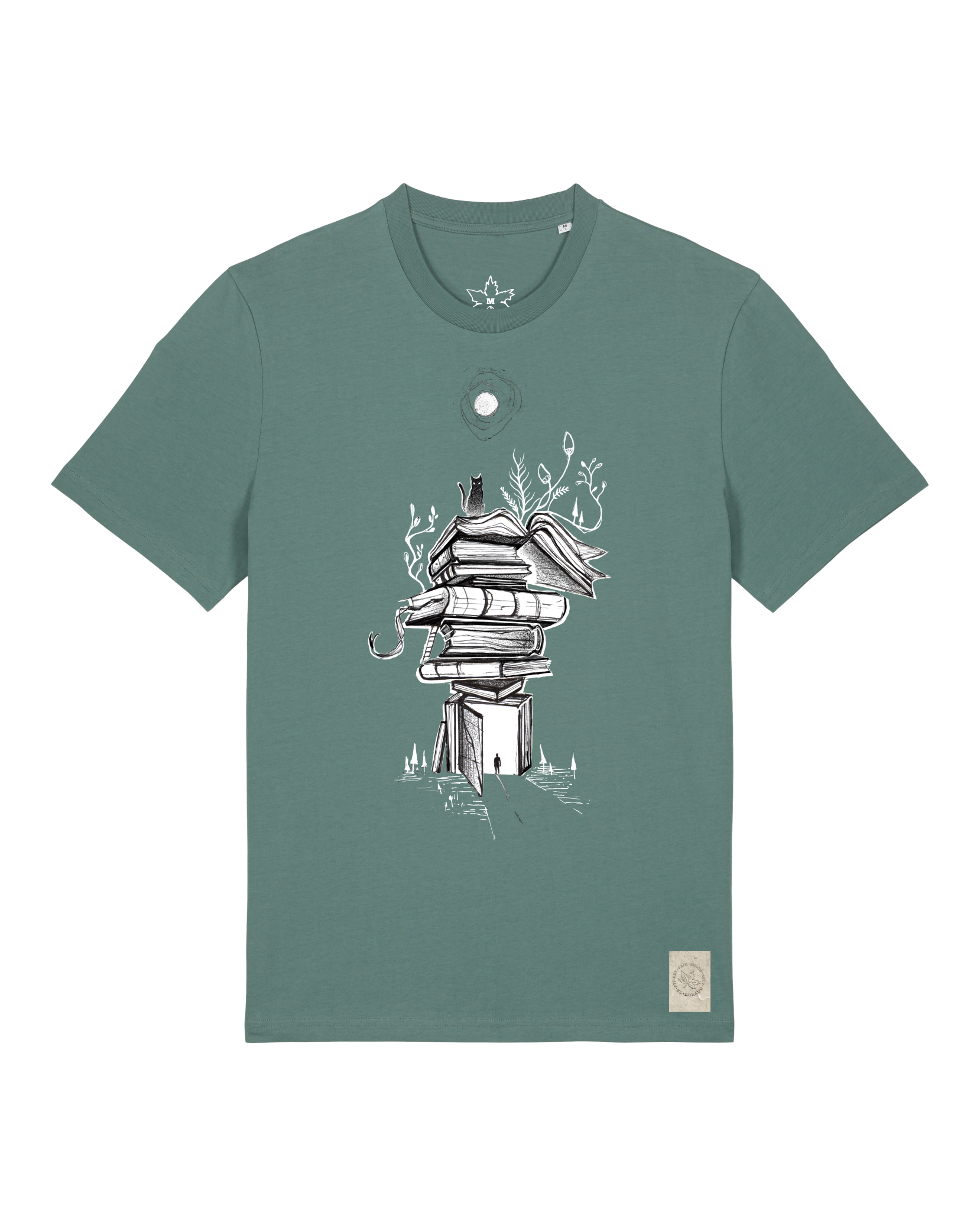 bio-unisex-medium fit-tshirt-bücherkatze-sttu169-blautanne-front