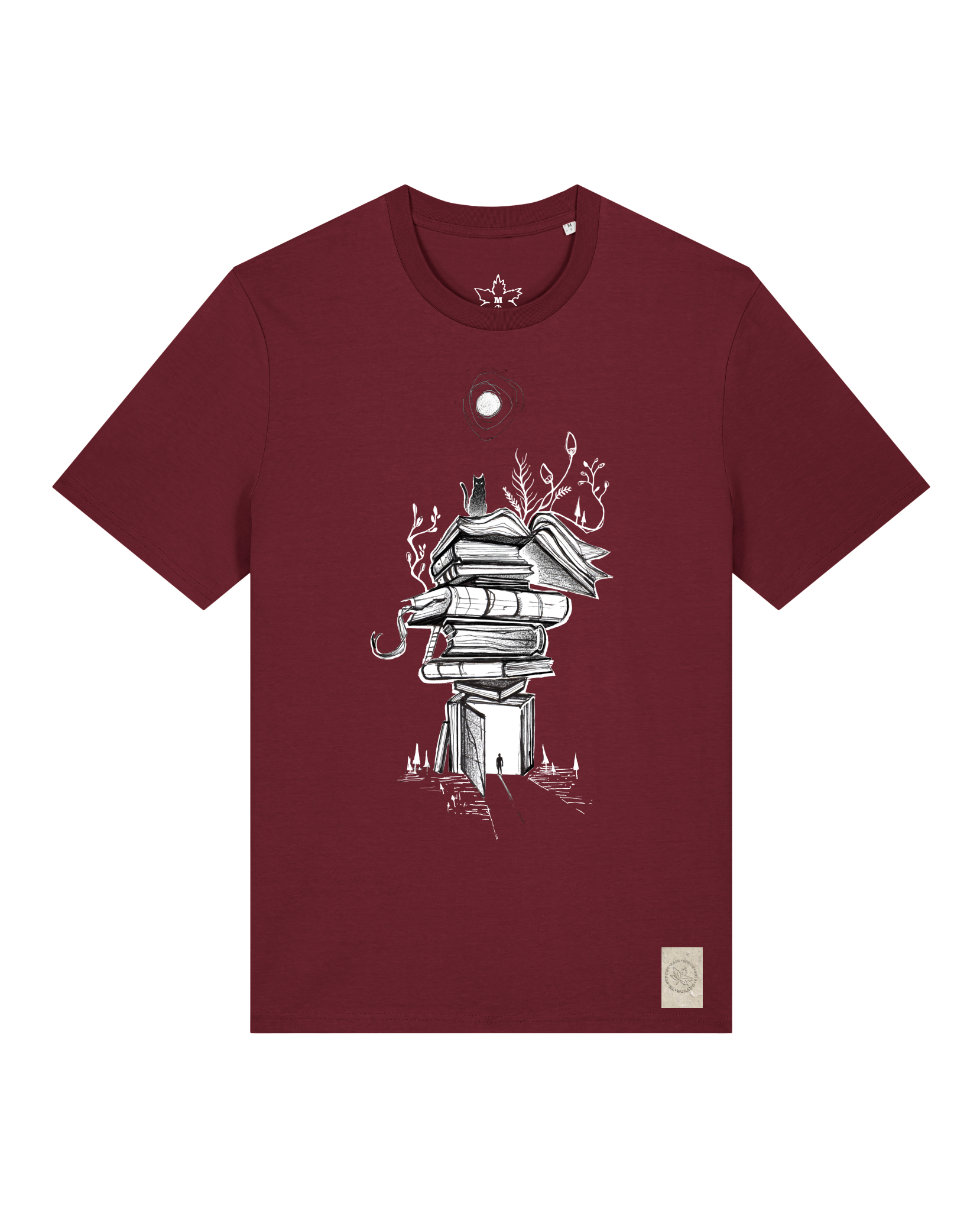 bio-unisex-medium fit-tshirt-bücherkatze-sttu169-burgunder rot-front