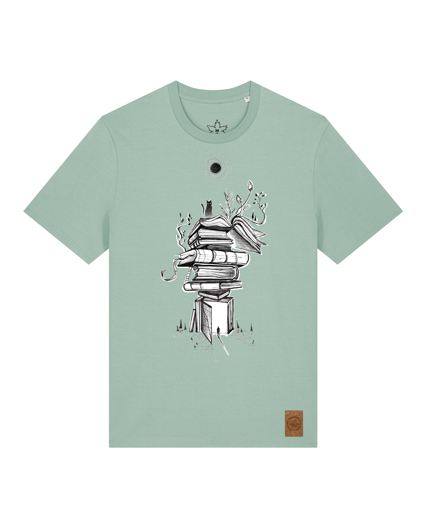 bio-unisex-medium fit-tshirt-bücherkatze-sttu169-eukalyptus-front
