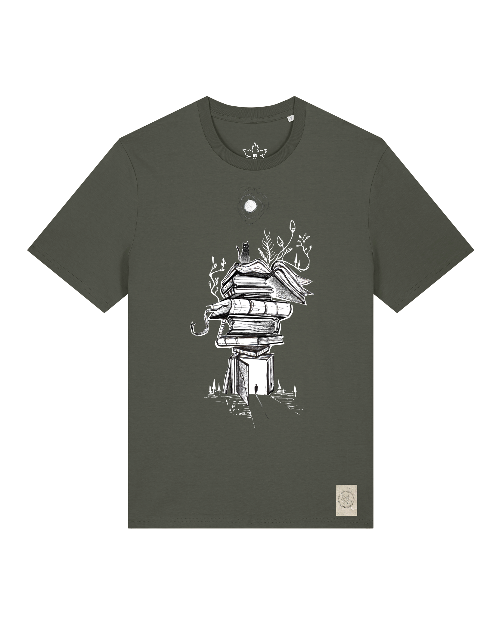 bio-unisex-medium fit-tshirt-bücherkatze-sttu169-grunkohl-front