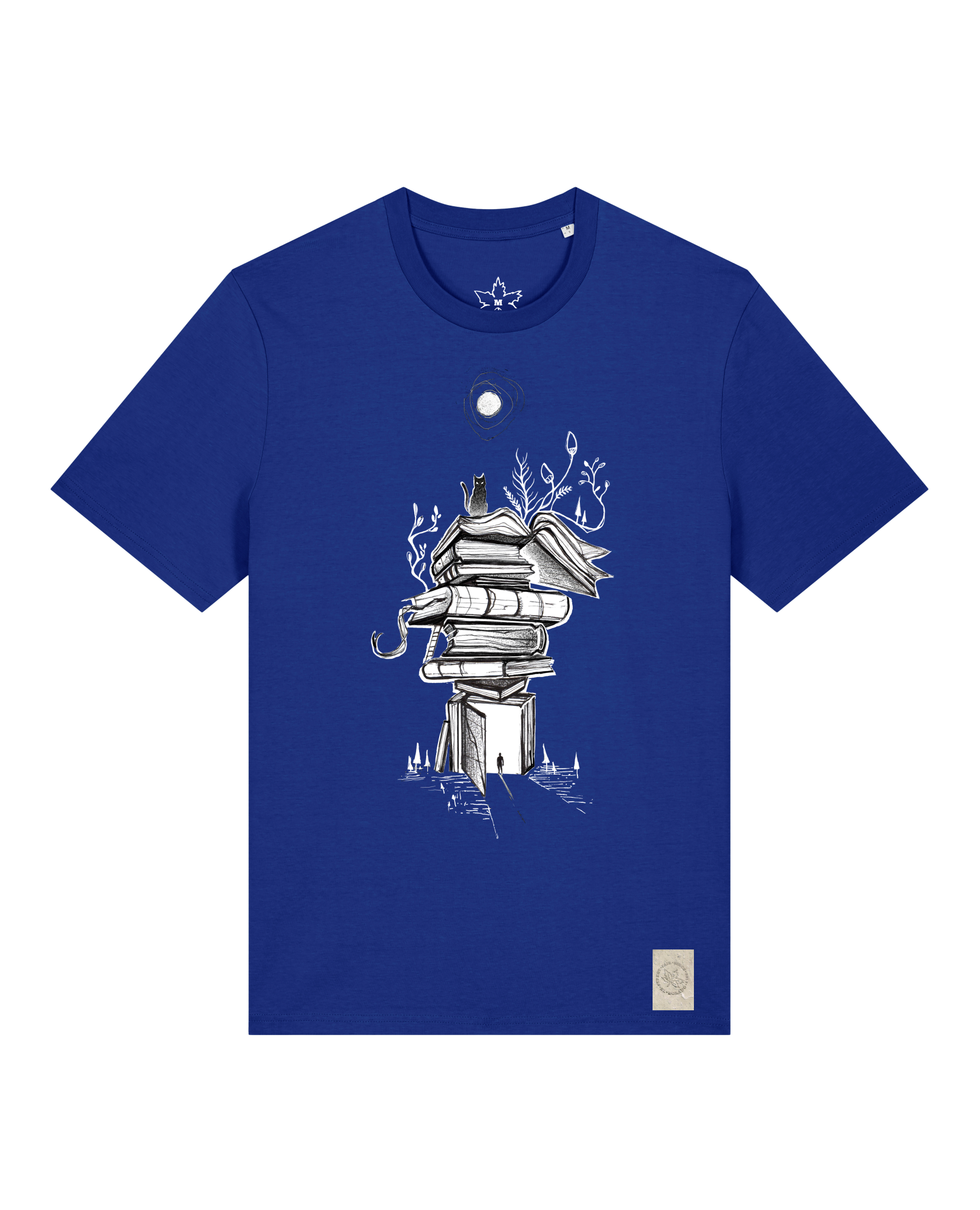 bio-unisex-medium fit-tshirt-bücherkatze-sttu169-kornblume-front