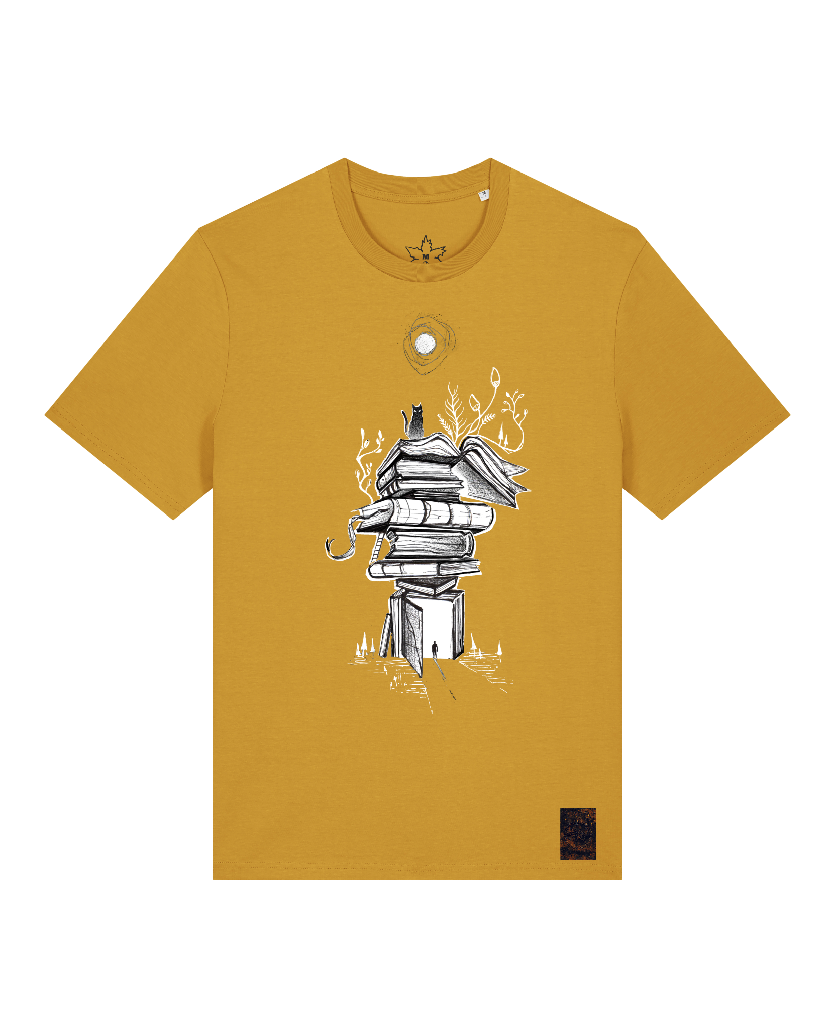 bio-unisex-medium fit-tshirt-bücherkatze-sttu169-senf-front