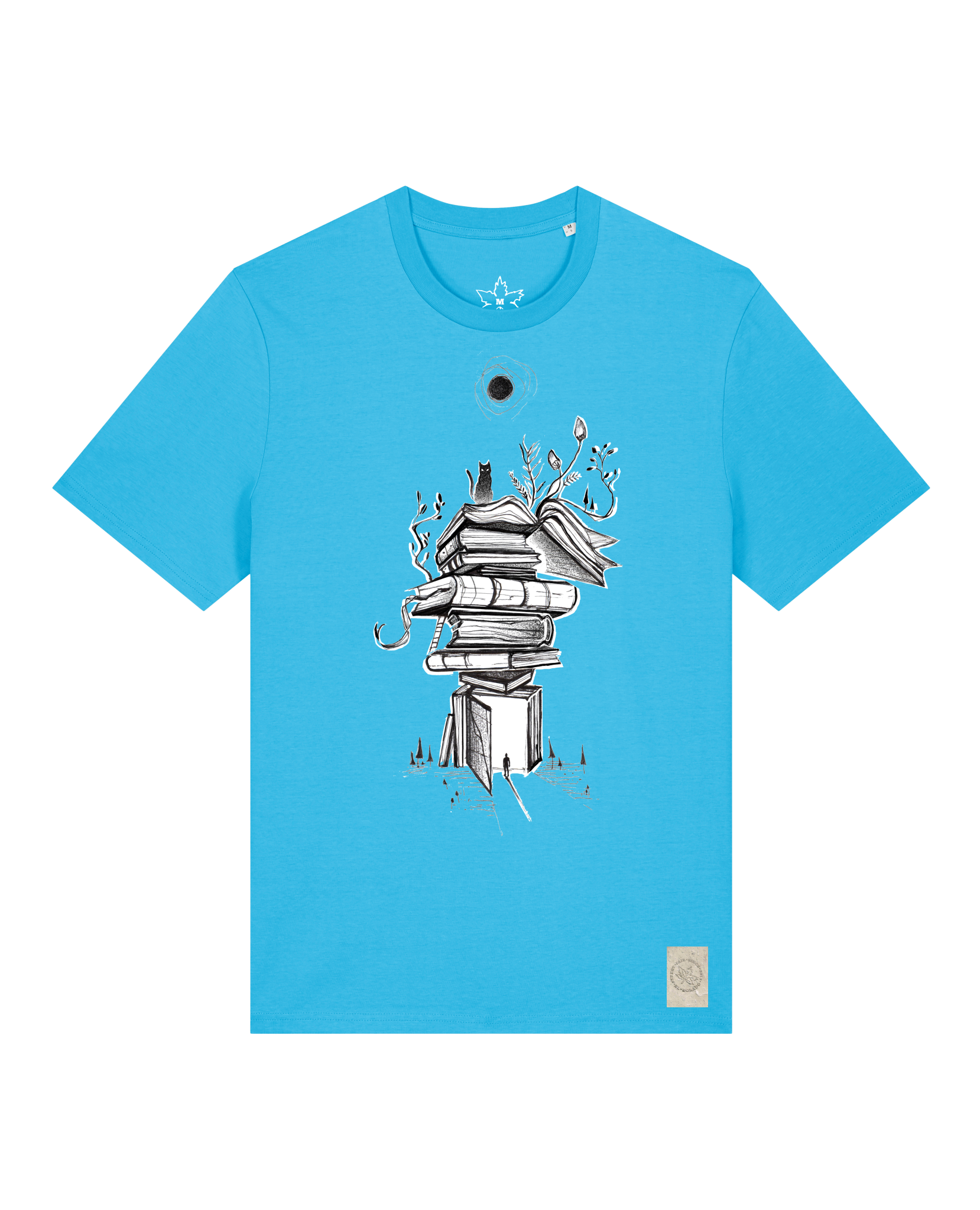 bio-unisex-medium fit-tshirt-bücherkatze-sttu169-wasserblau-front