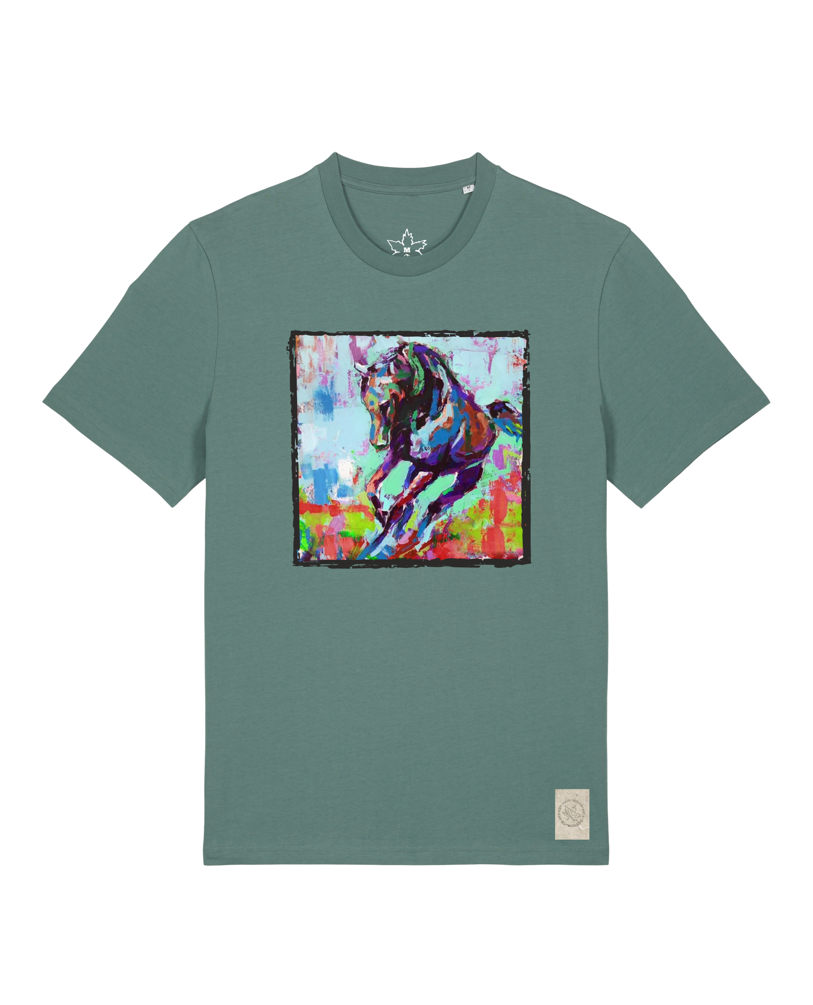 bio-unisex-medium fit-tshirt-pferd bunt-sttu169-blautanne-front