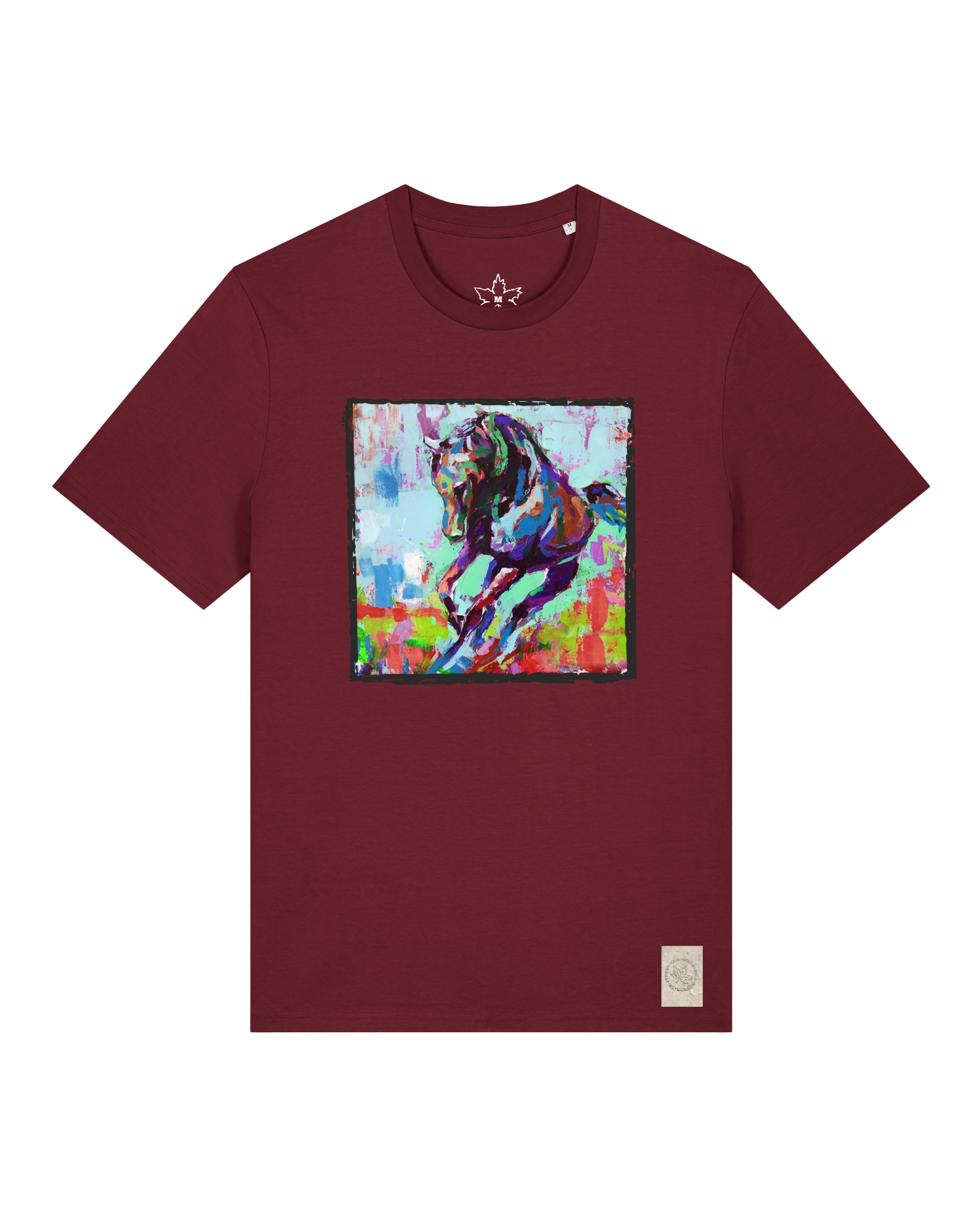 bio-unisex-medium fit-tshirt-pferd bunt-sttu169-burgunder rot-front