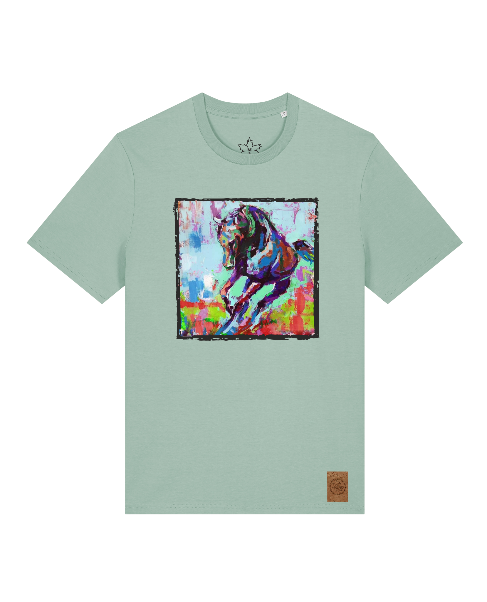 bio-unisex-medium fit-tshirt-pferd bunt-sttu169-eukalyptus-front