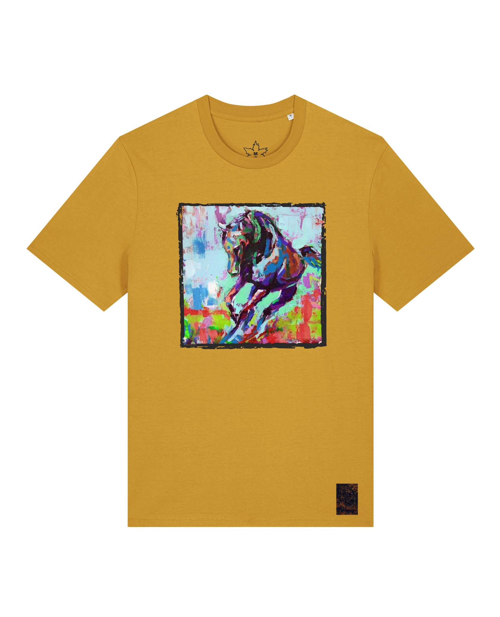 bio-unisex-medium fit-tshirt-pferd bunt-sttu169-senf-front