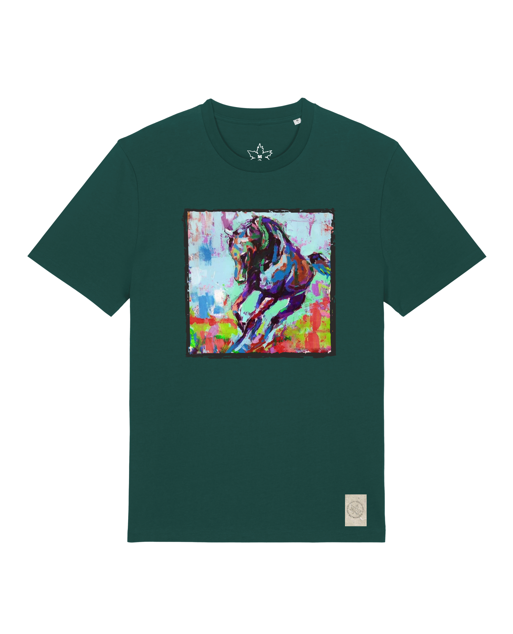 bio-unisex-medium fit-tshirt-pferd bunt-sttu169-spirulina-front